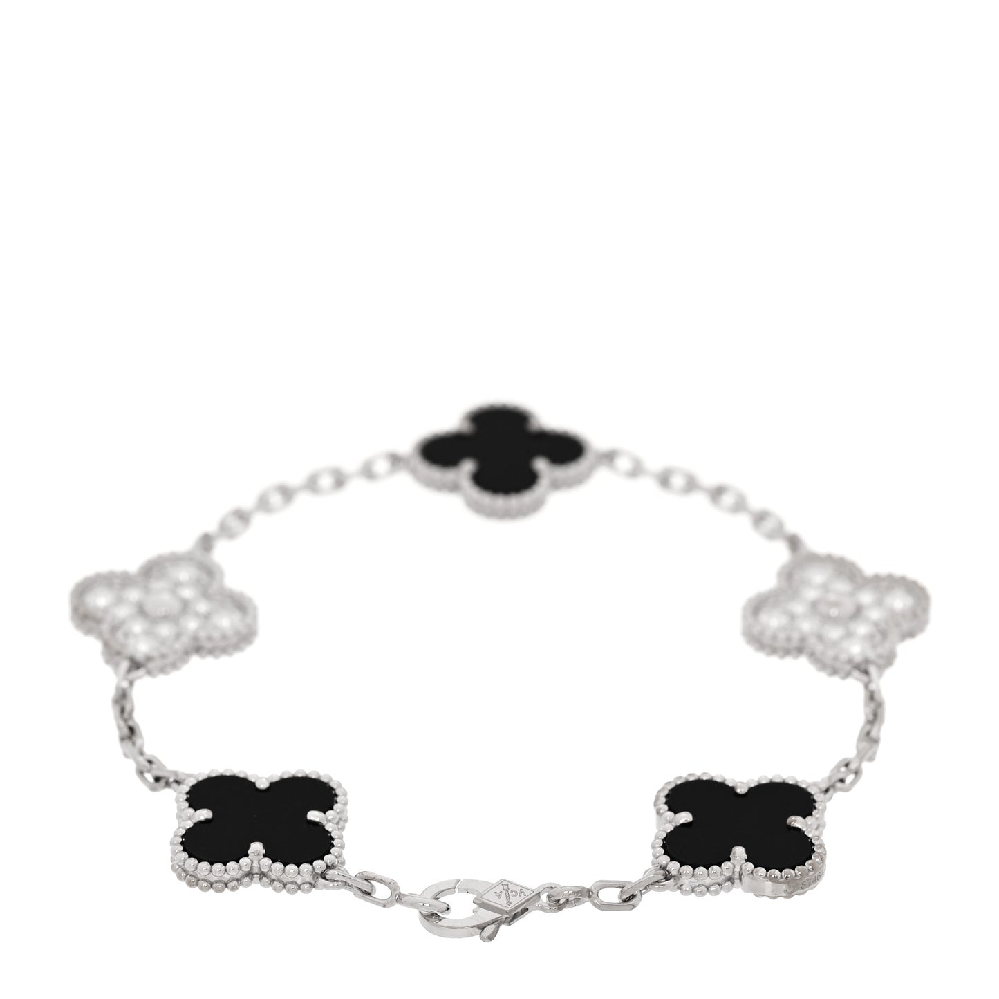18K White Gold Diamond Black Onyx 5 Motifs Vintage Alhambra Bracelet