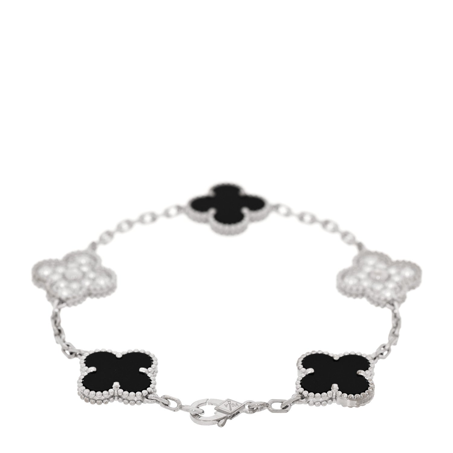 Van Cleef & Arpels 18K White Gold Diamond Black Onyx 5 Motifs Vintage Alhambra Bracelet 2 of 5