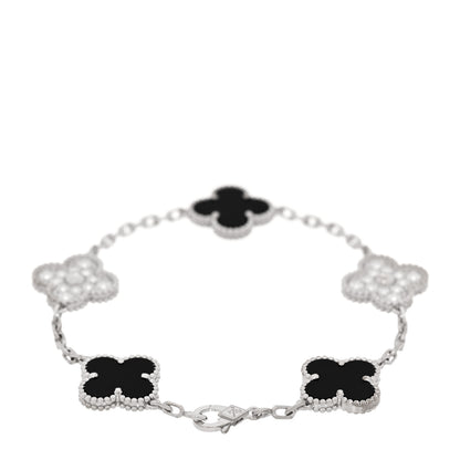 Van Cleef & Arpels 18K White Gold Diamond Black Onyx 5 Motifs Vintage Alhambra Bracelet 2 of 5