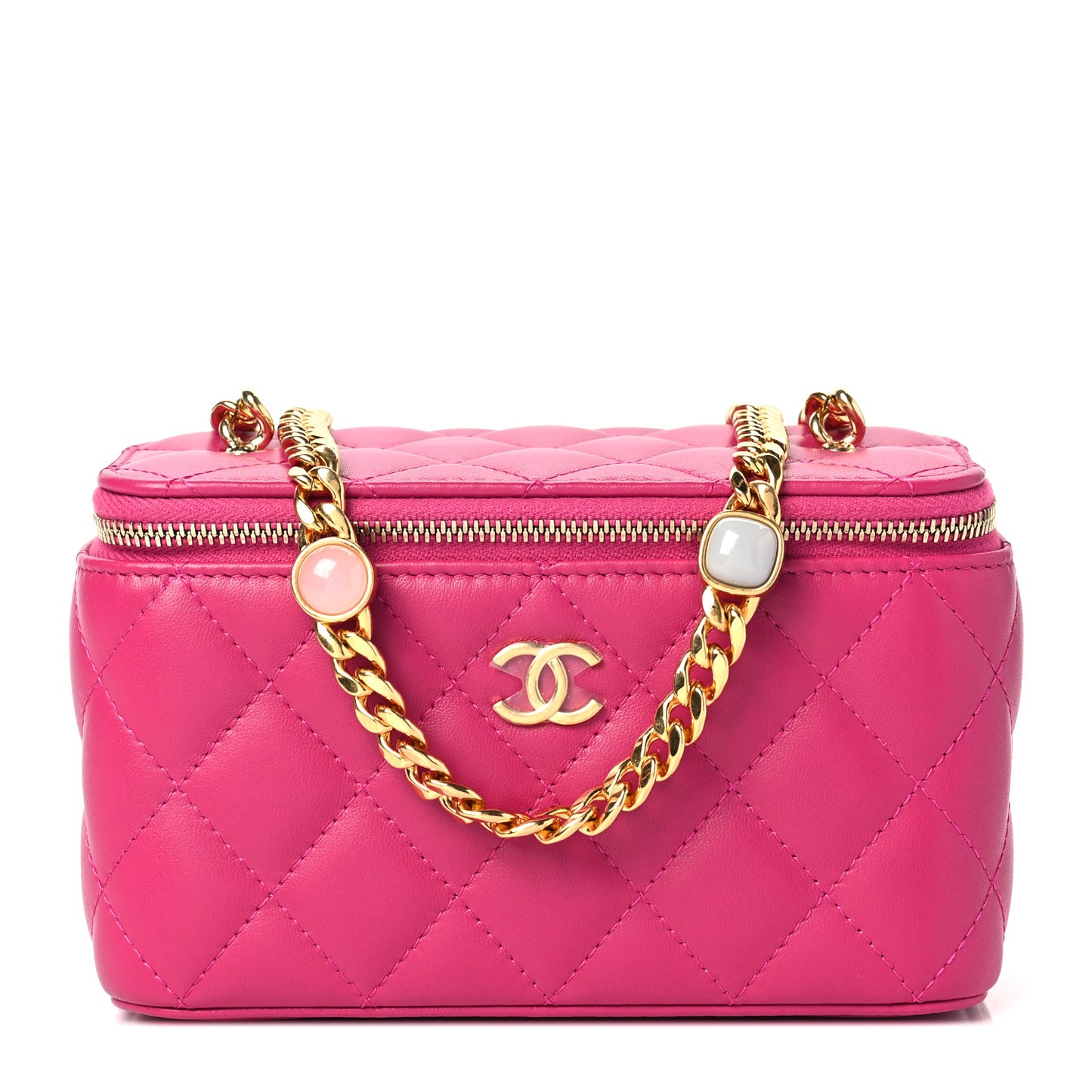 Lambskin Resin Quilted Vanity Case With Chain Fuchsia