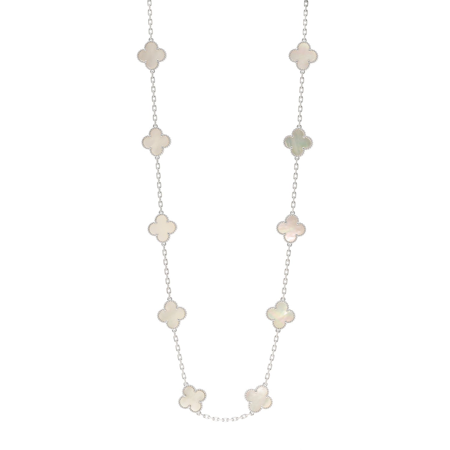 18K White Gold Mother of Pearl 20 Motifs Vintage Alhambra Necklace