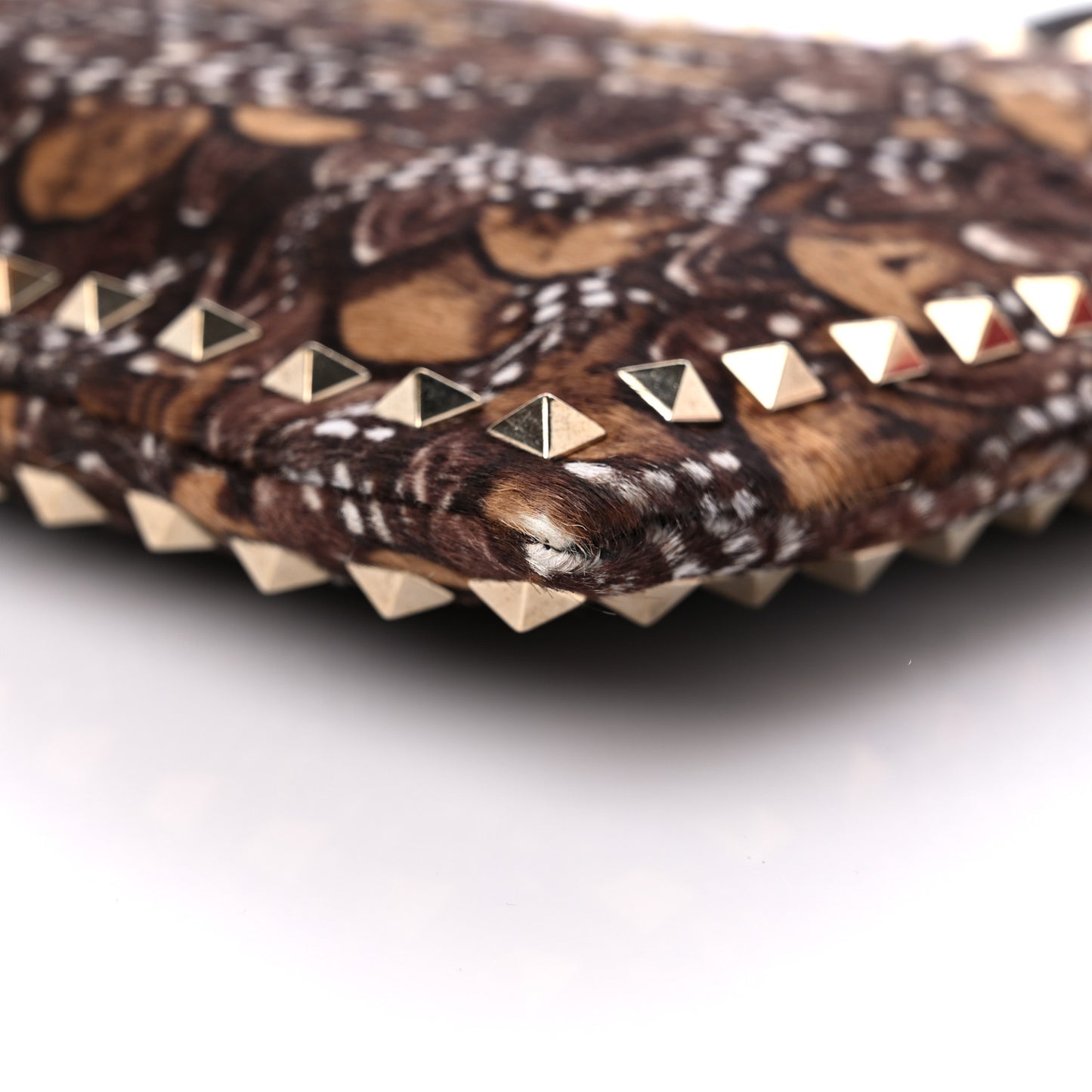 Calf Hair Feather Rockstud Zip Wristlet Pouch Brown