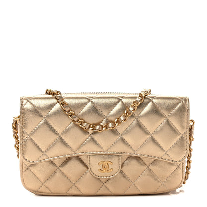 Chanel Metallic Lambskin Quilted Flap Phone Holder With Chain Gold 1 of 11