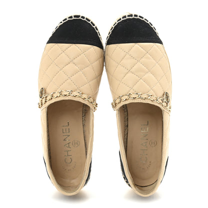 Chanel Lambskin Grosgrain Quilted CC Chain Espadrilles 35 Beige Black 2 of 11
