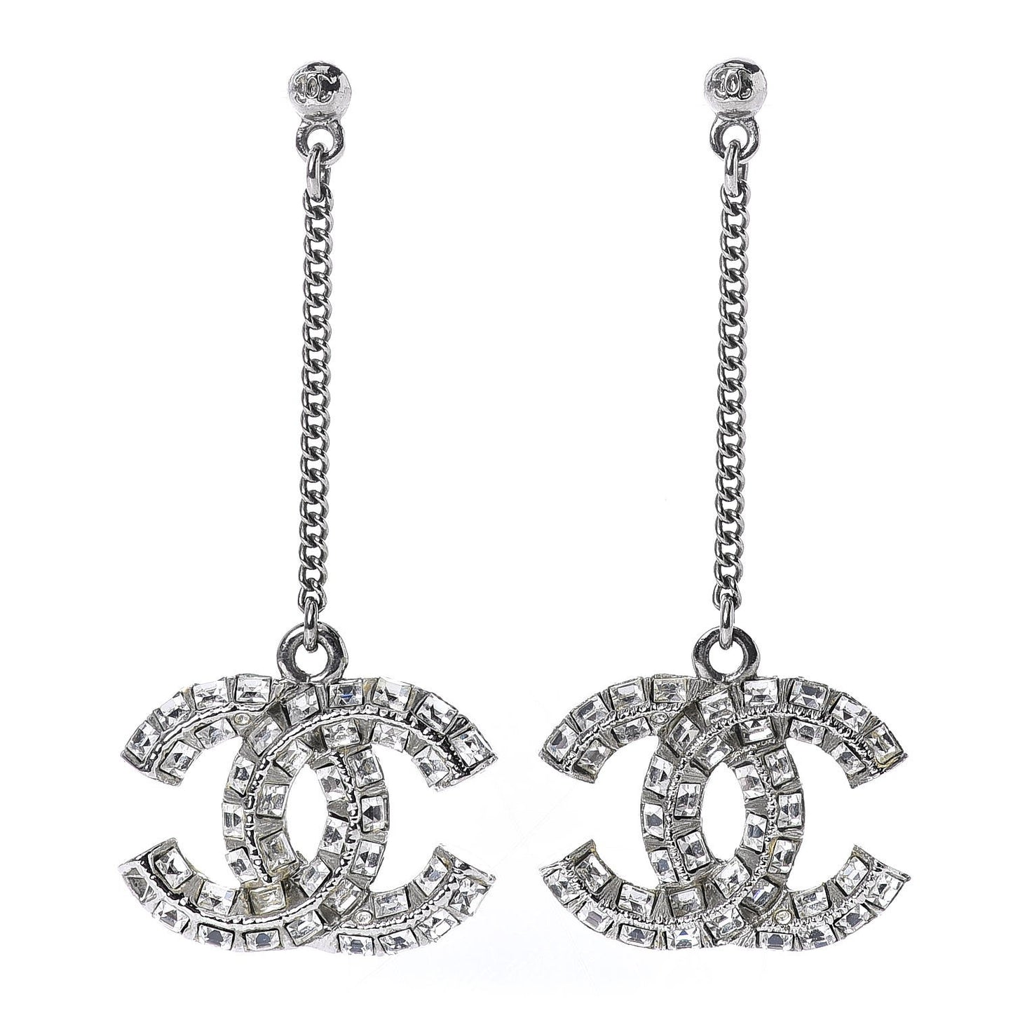 Baguette Crystal CC Drop Earrings Silver
