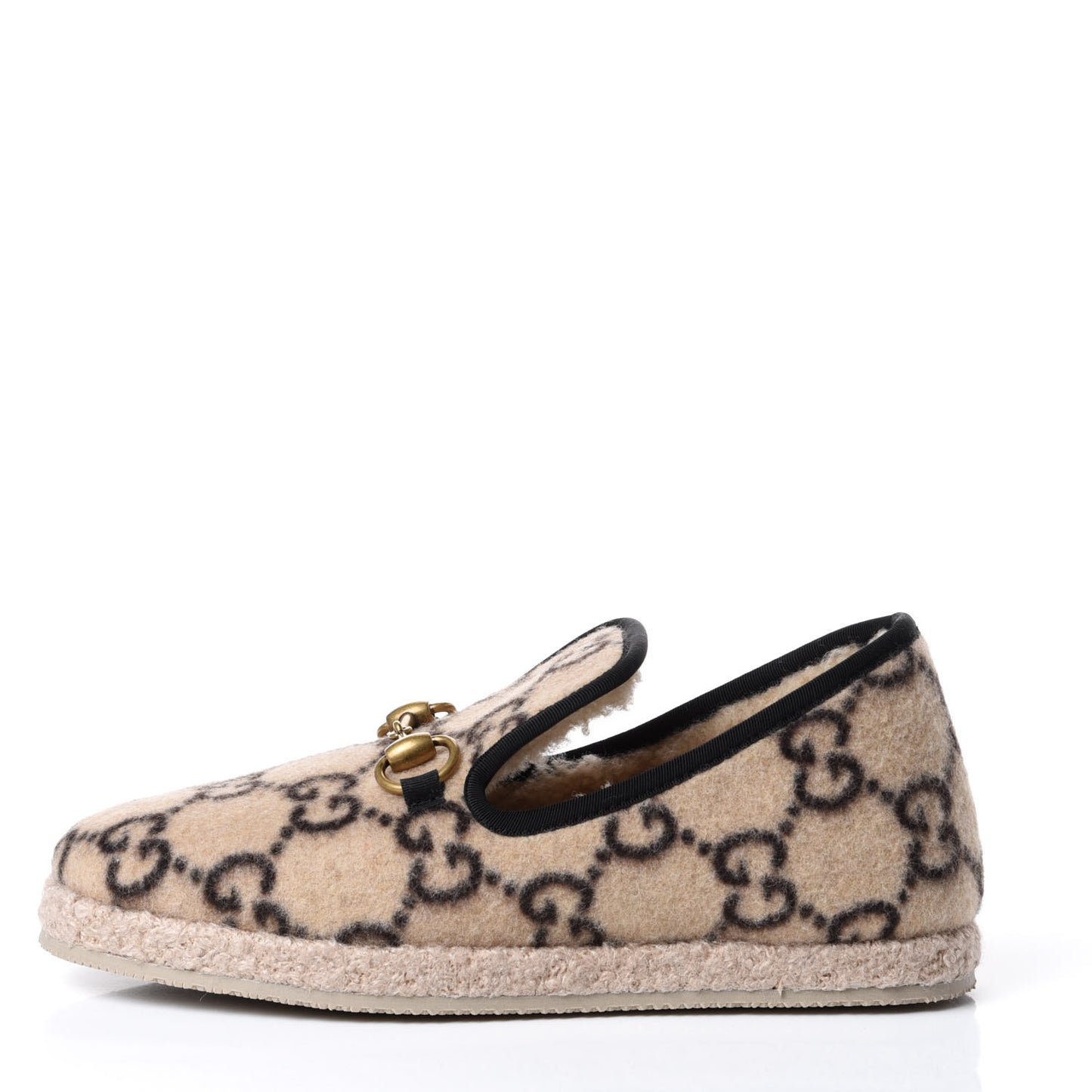 Covered Wool GG Monogram Womens Fria Horsebit Loafers 36 Beige Ebony Black Butterscotch