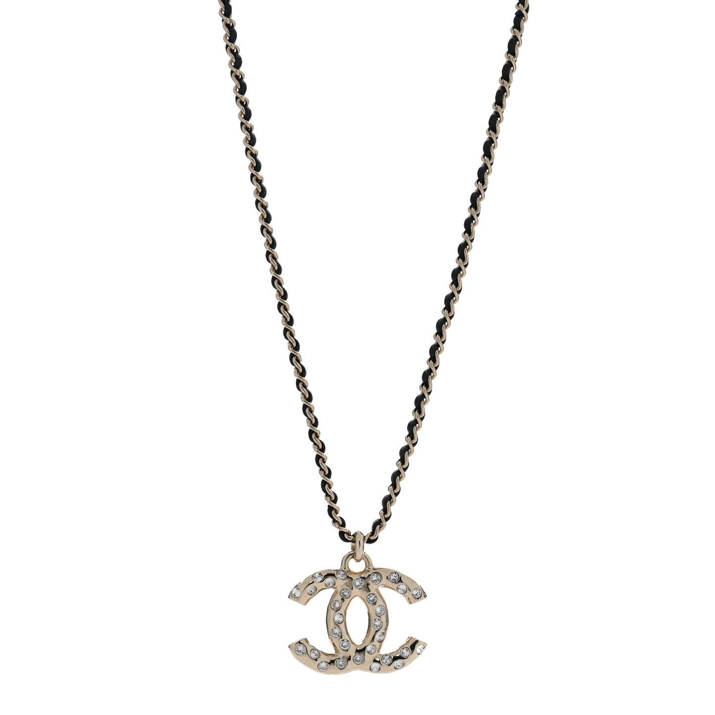 Lambskin Crystal CC Chain Pendant Necklace Black Gold