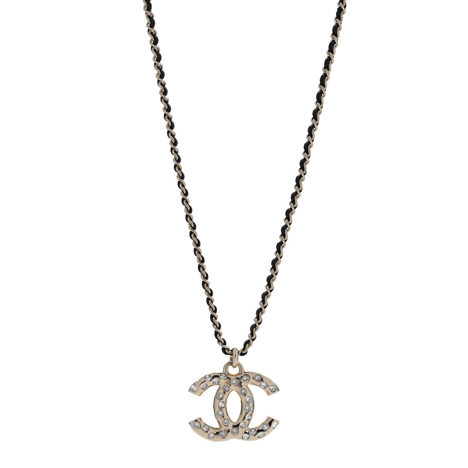 Chanel Lambskin Crystal CC Chain Pendant Necklace Black Gold 1 of 5