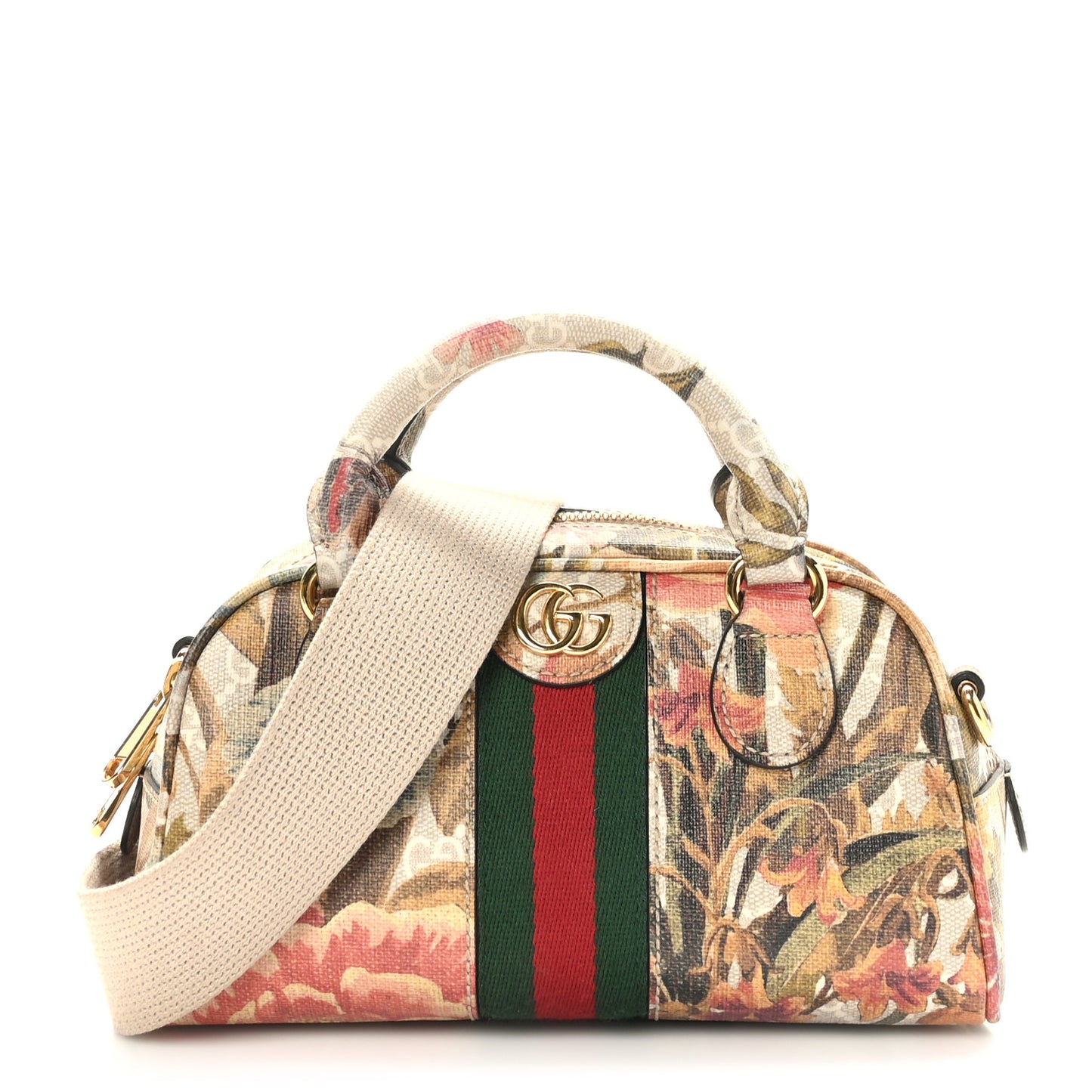 GG Supreme Monogram Water Flora Web Mini Ophidia Top Handle Bowler Bag Beige White Multicolor