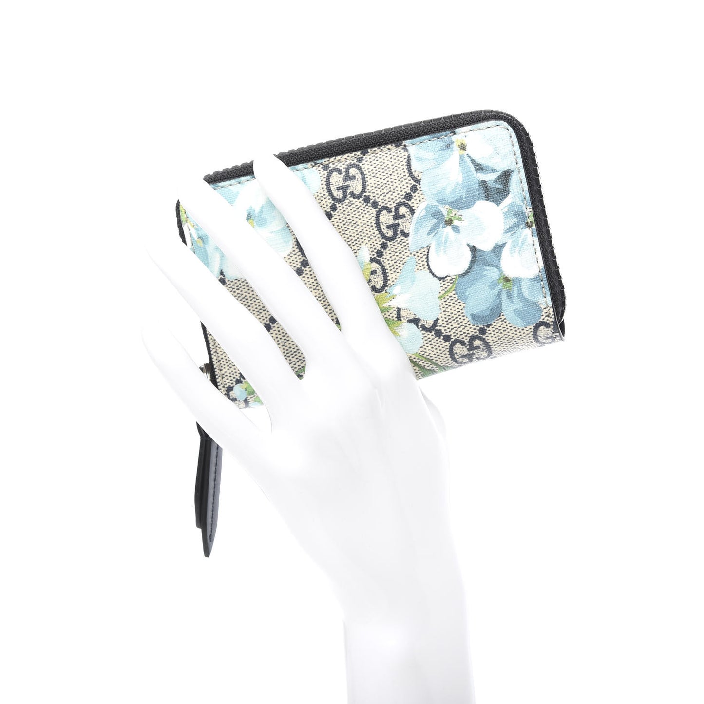 GG Supreme Monogram Blooms Zip Around Card Case Wallet Beige Blue Navy