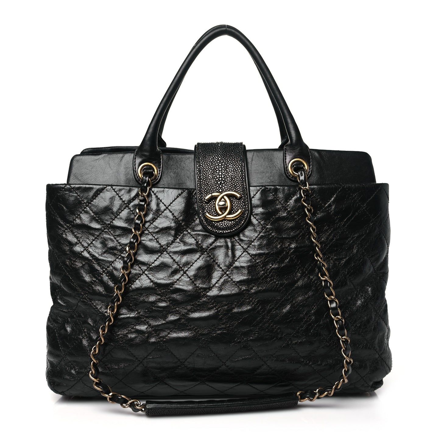 Glazed Calfskin Stingray Large Bindi CC Tote Black