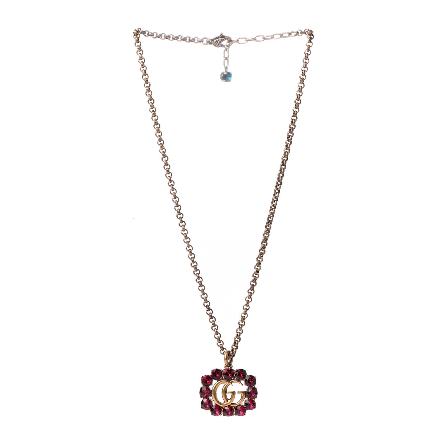 Gucci Crystal Embellished Double G Necklace Aged Gold Red 3 of 5