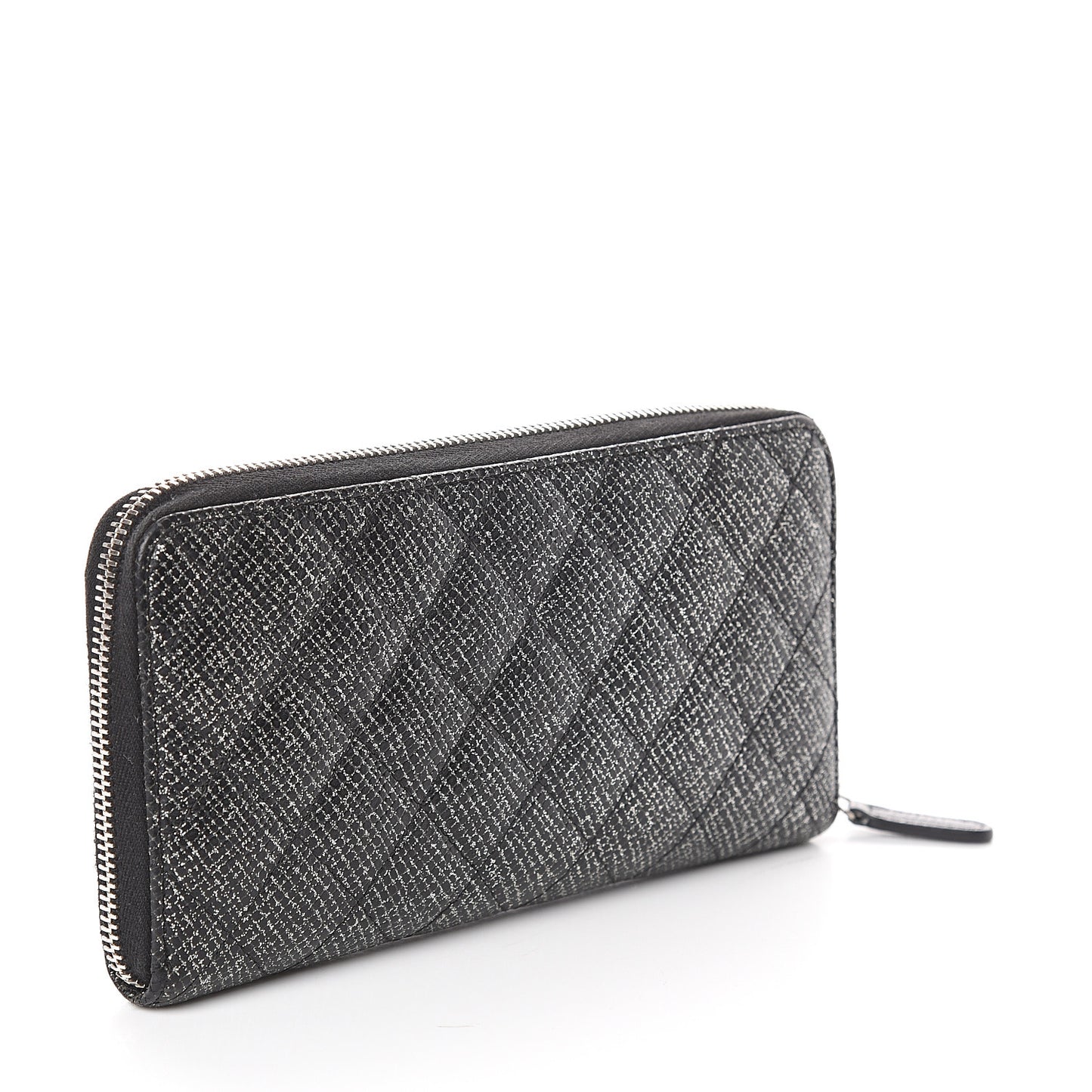 Glittered Calfskin Quilted Large Gusset Zip Wallet Black