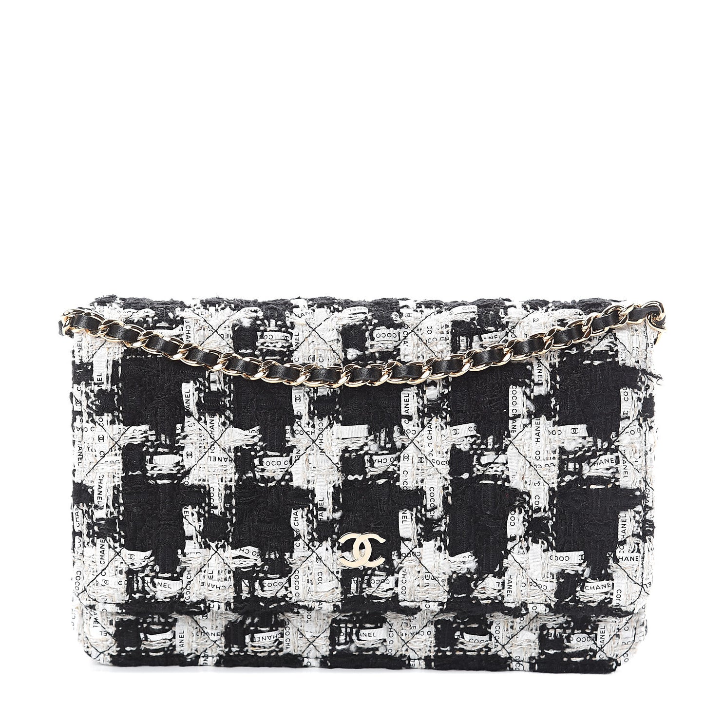 Tweed Quilted Wallet On Chain WOC Black Ecru White