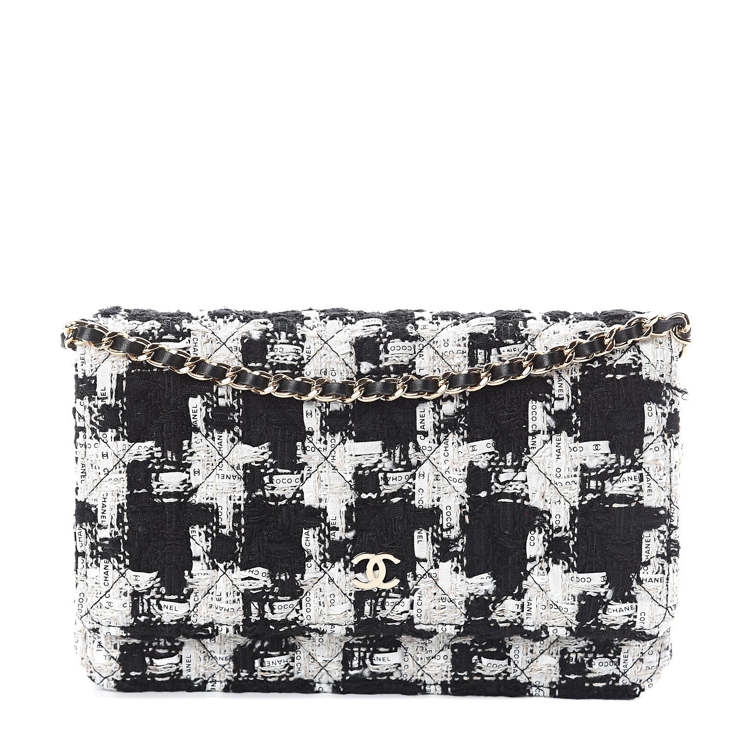 Chanel Tweed Quilted Wallet On Chain WOC Black Ecru White 1 of 9