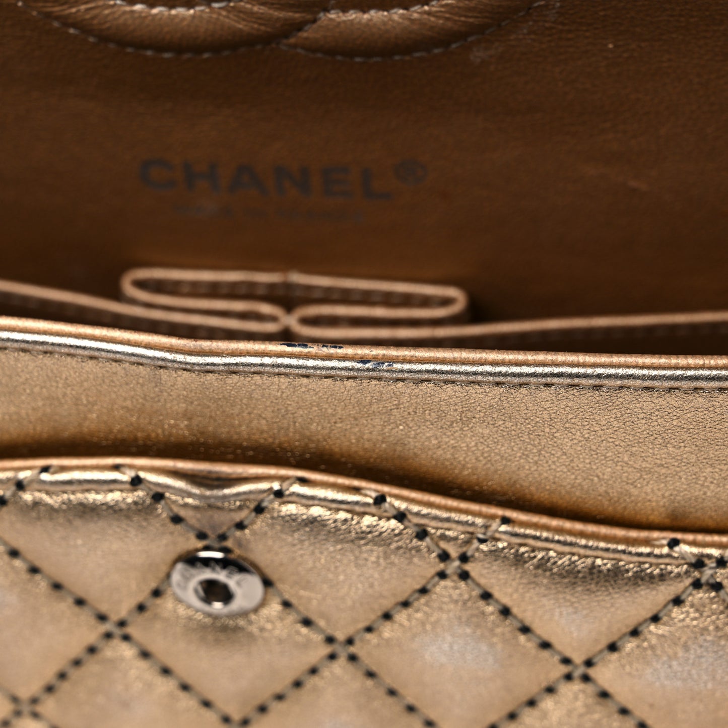 Metallic Washed Lambskin Quilted Medium Double Flap Dark Gold Black