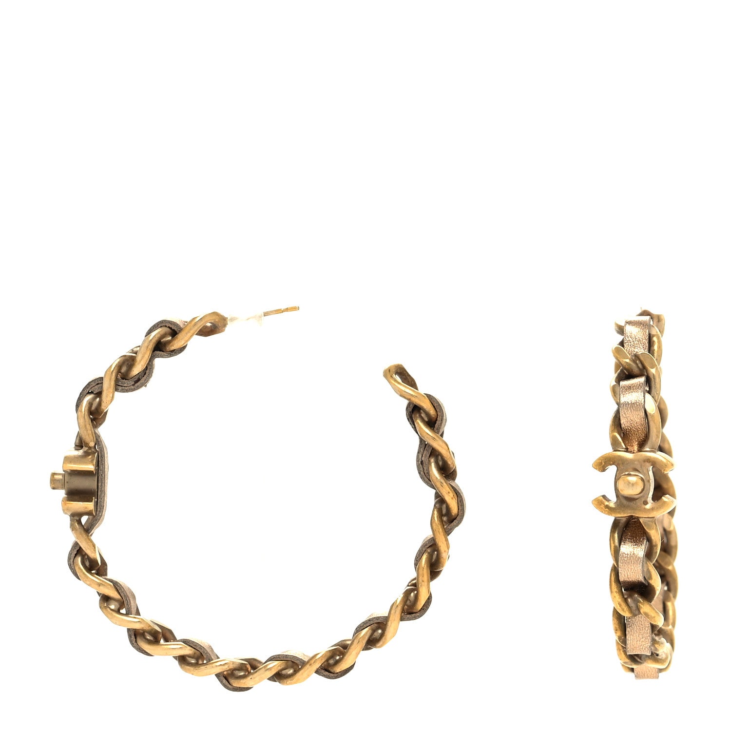 Chanel Metal Lambskin CC Turnlock Chain Hoop Earrings Matte Gold 1 of 4