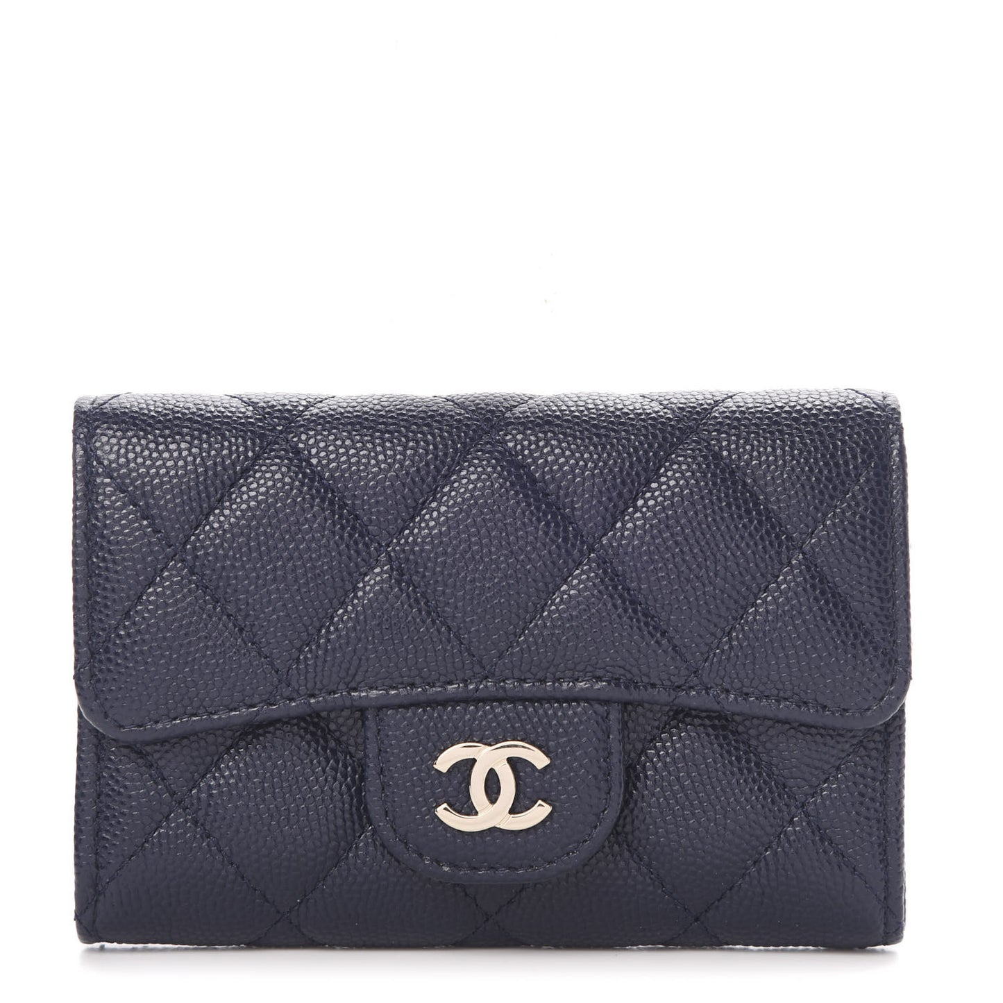 Caviar Quilted Flap Card Holder Wallet Navy Blue