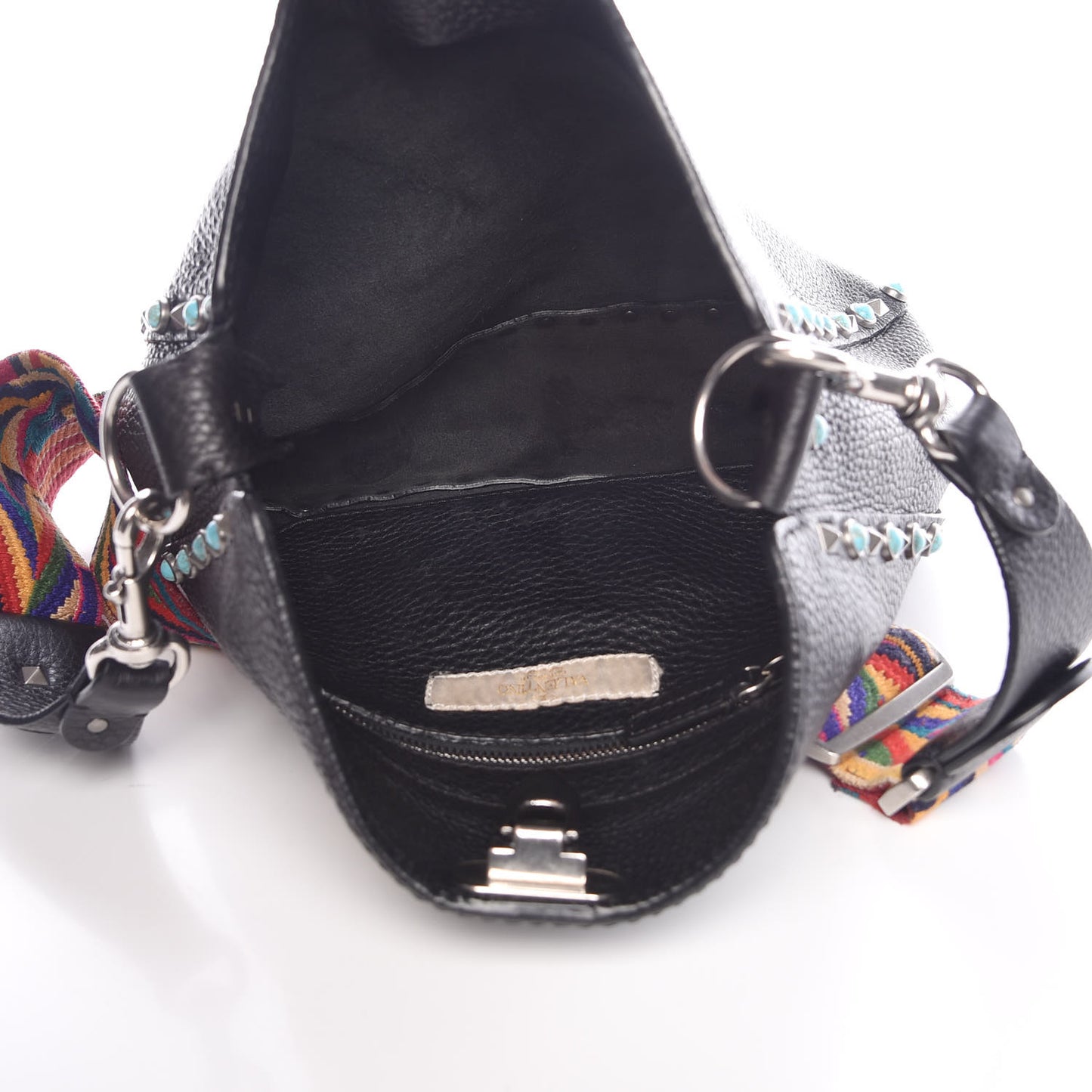 Pebbled Calfskin Tribal Small Guitar Strap Rockstud Rolling Flip-Lock Messenger Bag Black