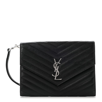 Saint Laurent Grain De Poudre Matelasse Chevron Monogram Envelope Clutch Black 1 of 13