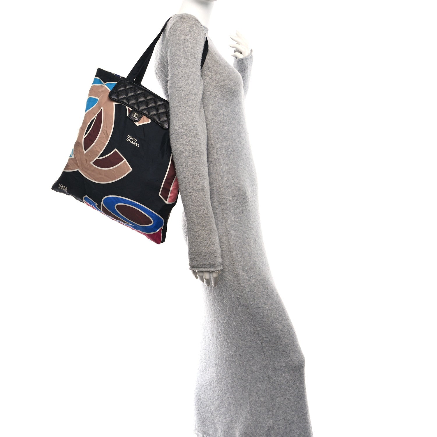 Chanel Caviar Fabric Foldable Tote Bag With Chain Black Multicolor 3 of 20