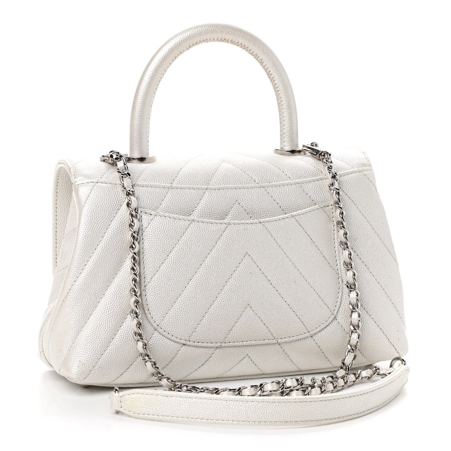 Iridescent Caviar Chevron Quilted Mini Coco Handle Flap White