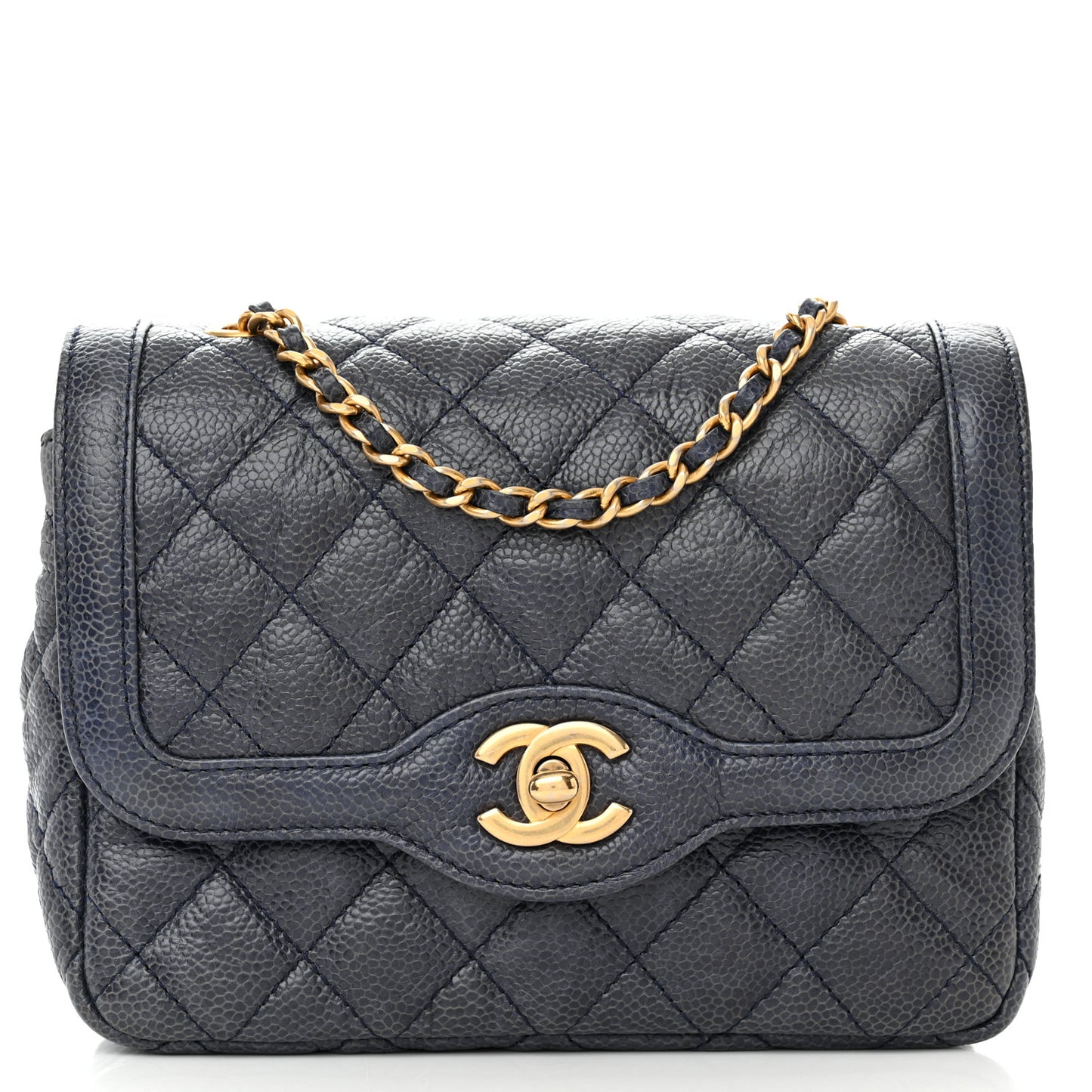 Crumpled Grained Calfskin Quilted Mini Two Tone Flap Blue