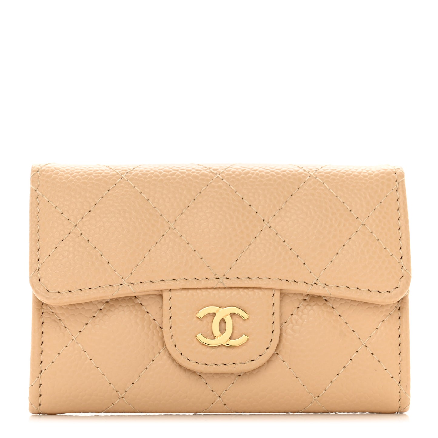 Caviar Quilted Flap Card Holder Wallet Beige