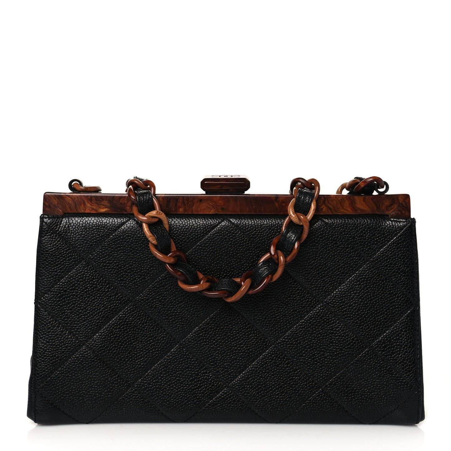 Caviar Quilted Wood Handle Clutch Black