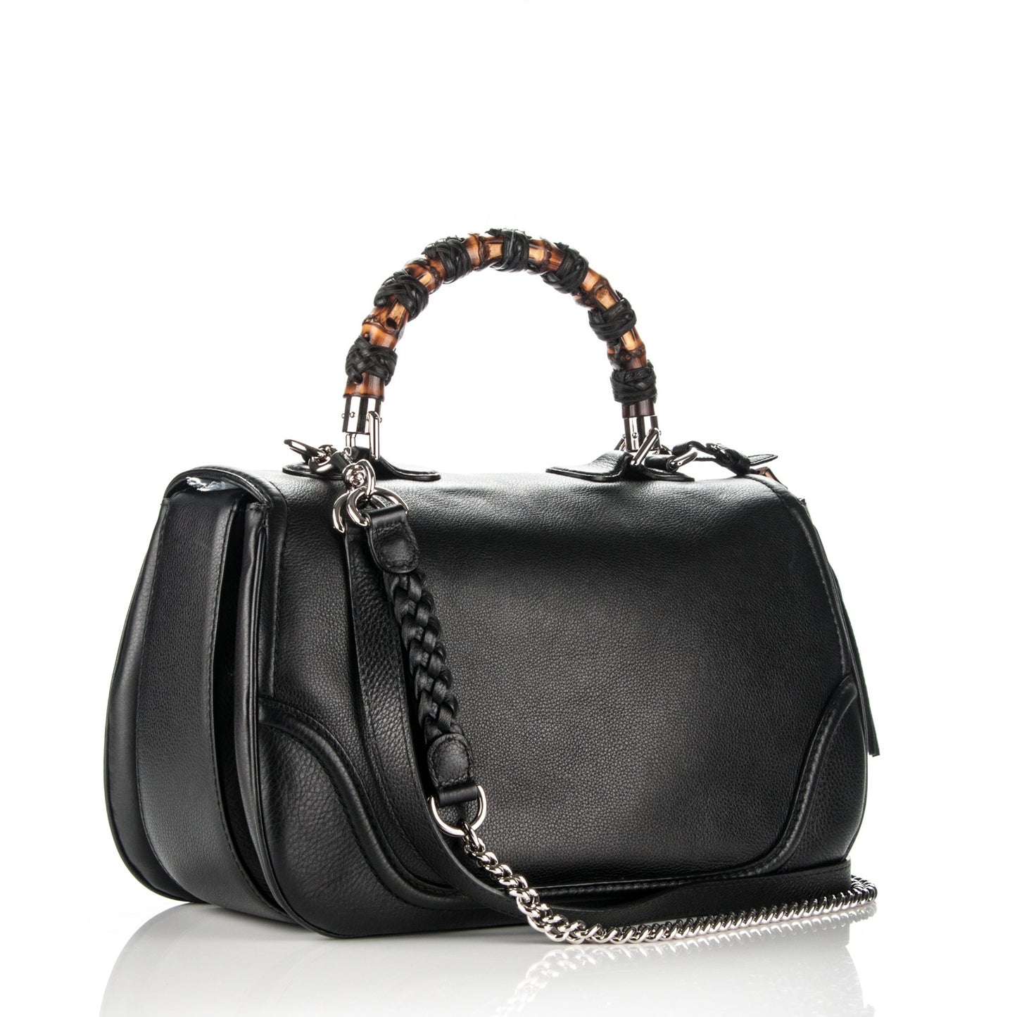 Pebbled Calfskin Large New Bamboo Top Handle Bag Black