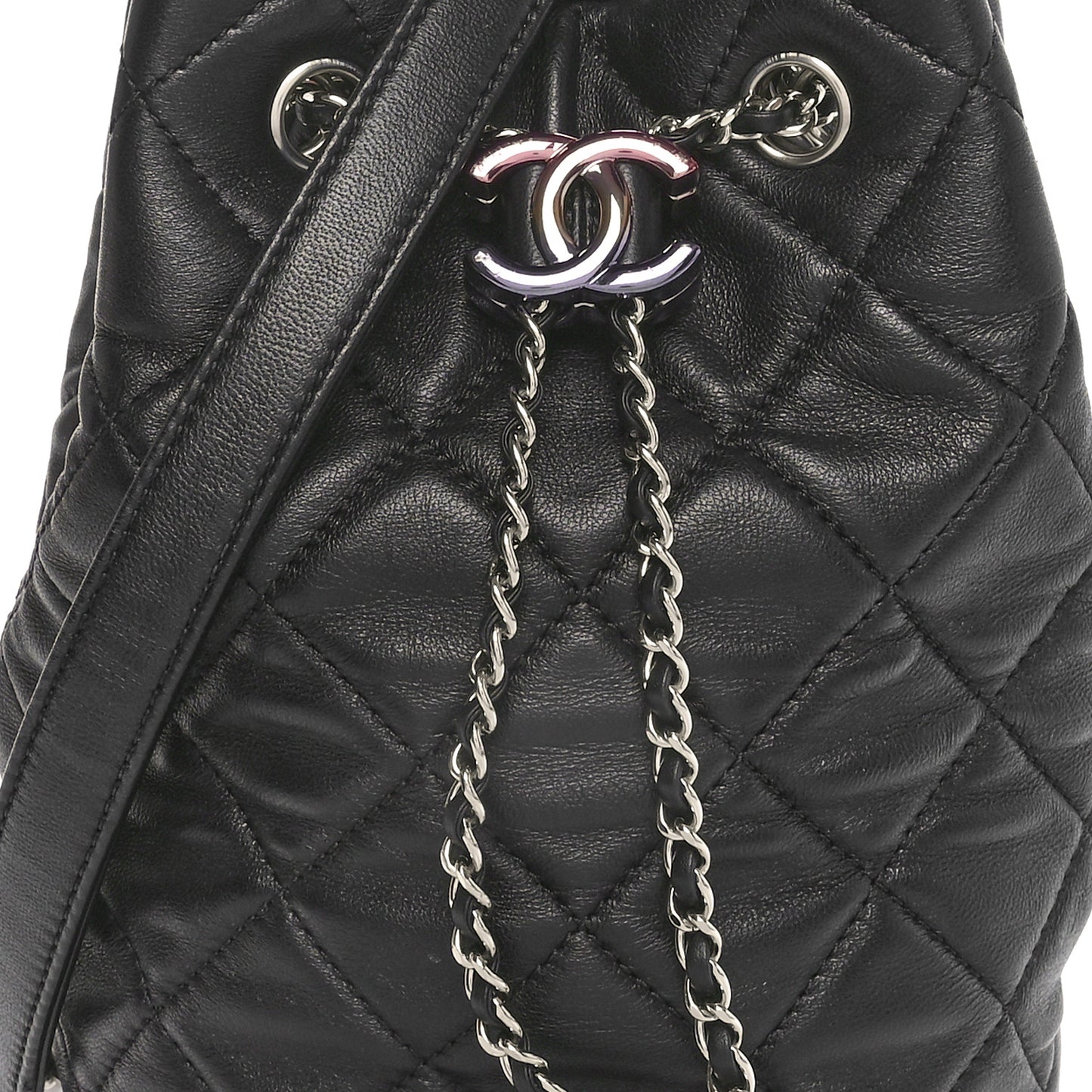 Lambskin Quilted CC Drawstring Bucket Bag Black