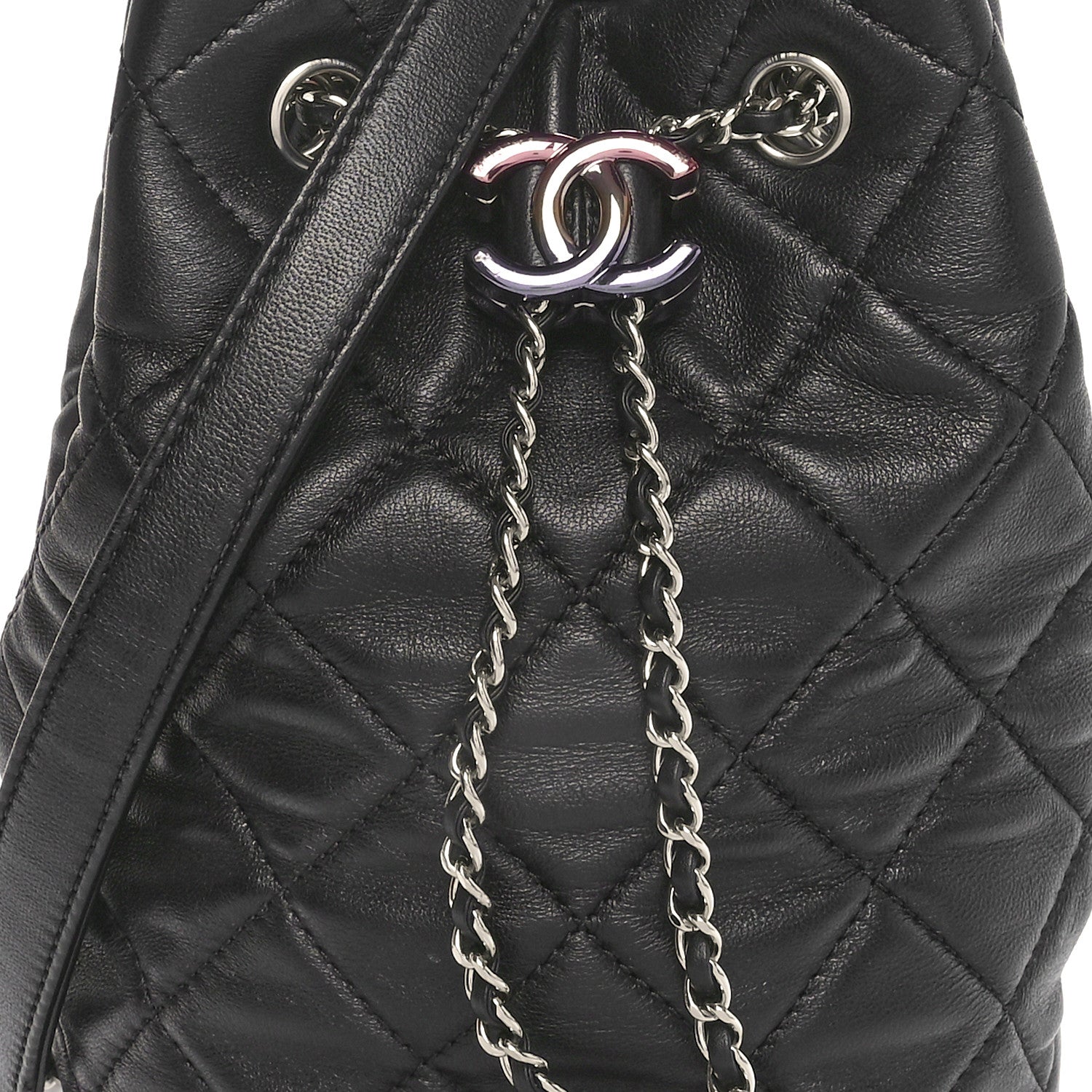 Chanel Lambskin Quilted CC Drawstring Bucket Bag Black 8 of 10