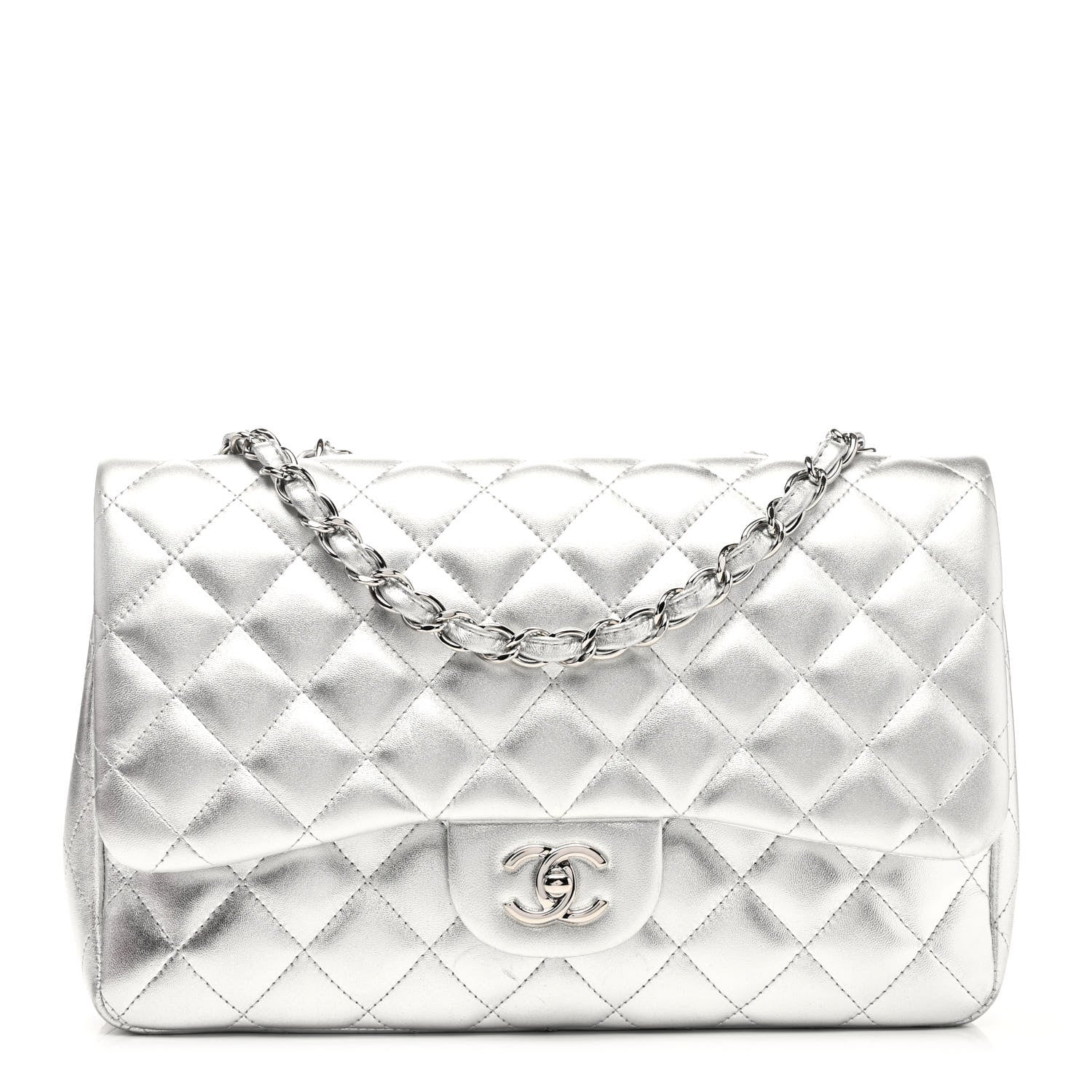 CHANEL⭐︎シルバー キルティングジャンパー⭐︎サイズ40 Chanel Metallic Lambskin Quilted Jumbo Single Flap Silver 1210596