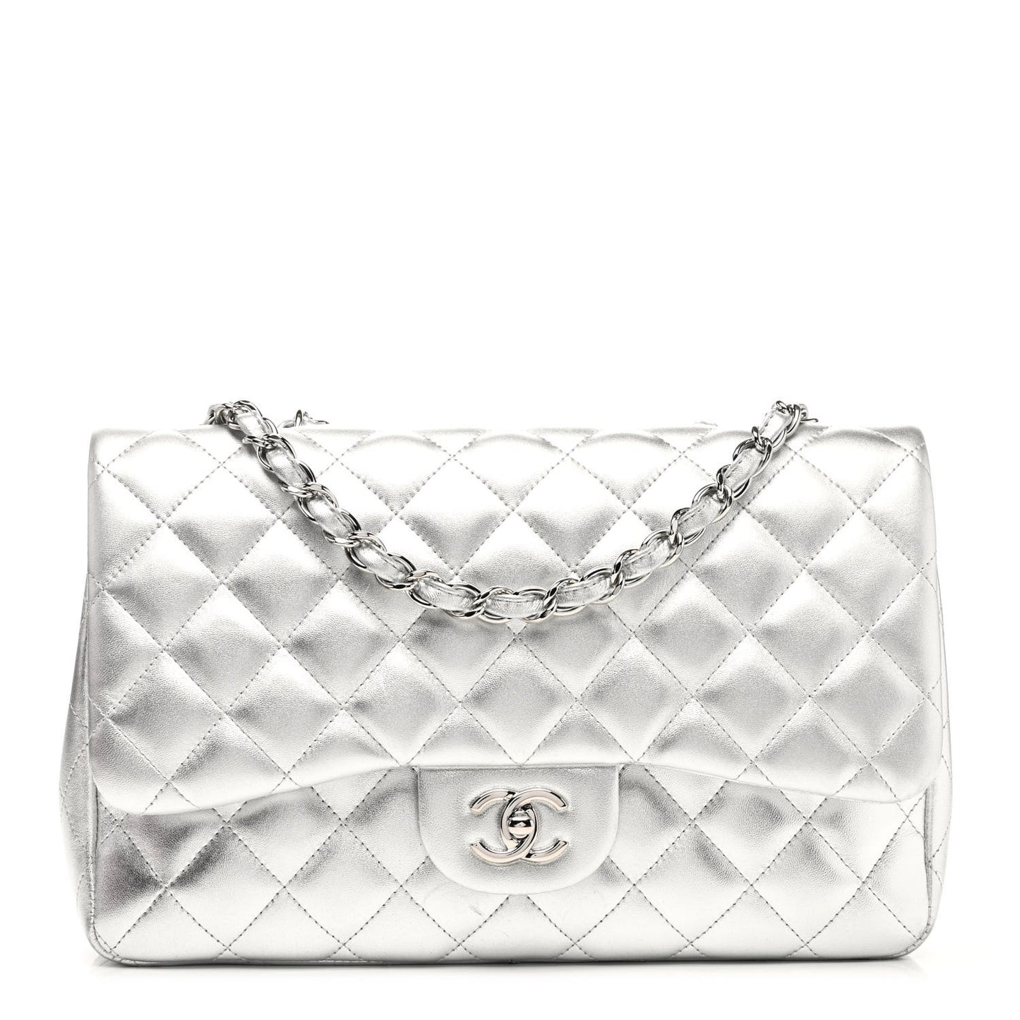 Metallic Lambskin Quilted Jumbo Single Flap Silver