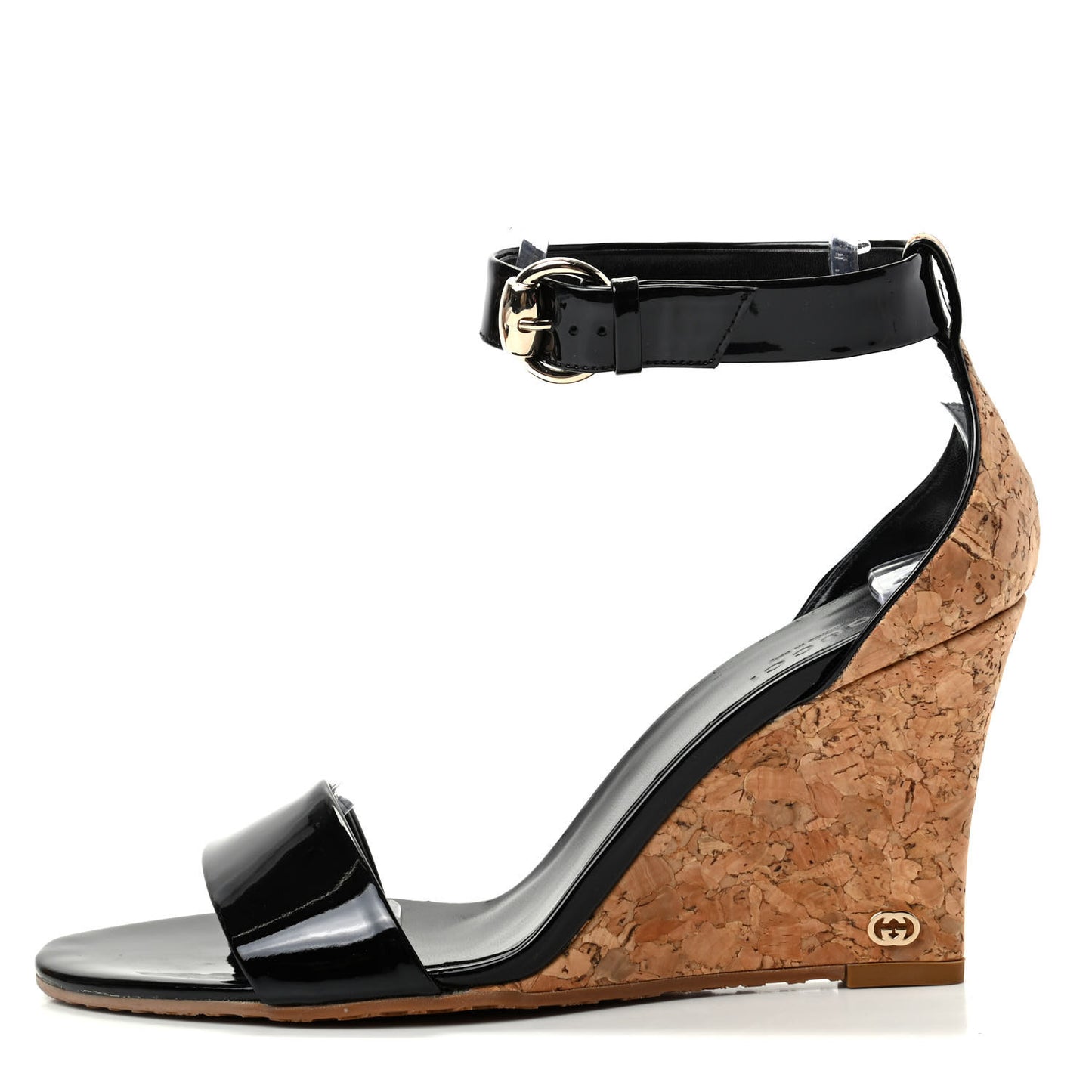 Vitello Vernice Cork Wedge Sandals 8 Black Naturale