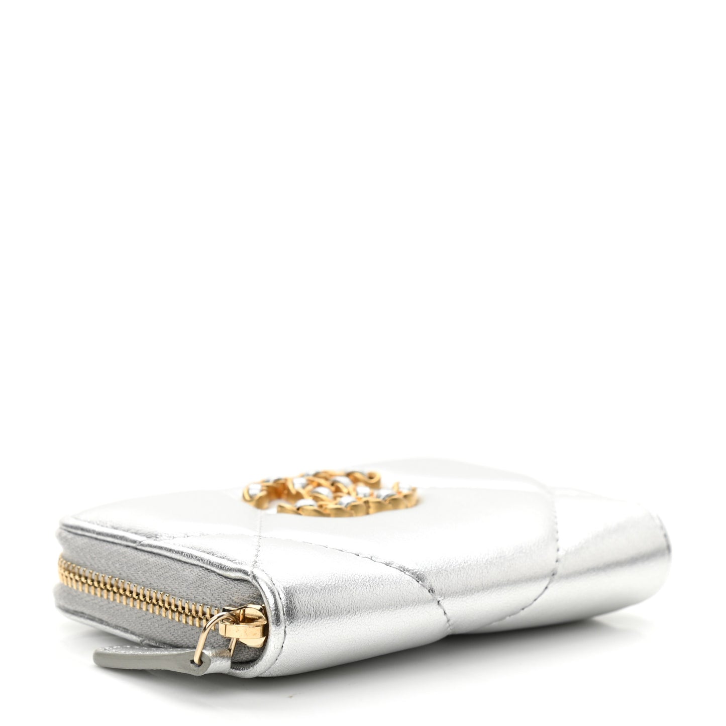Metallic Lambskin Quilted Chanel 19 Zip Around Coin Purse Wallet Silver