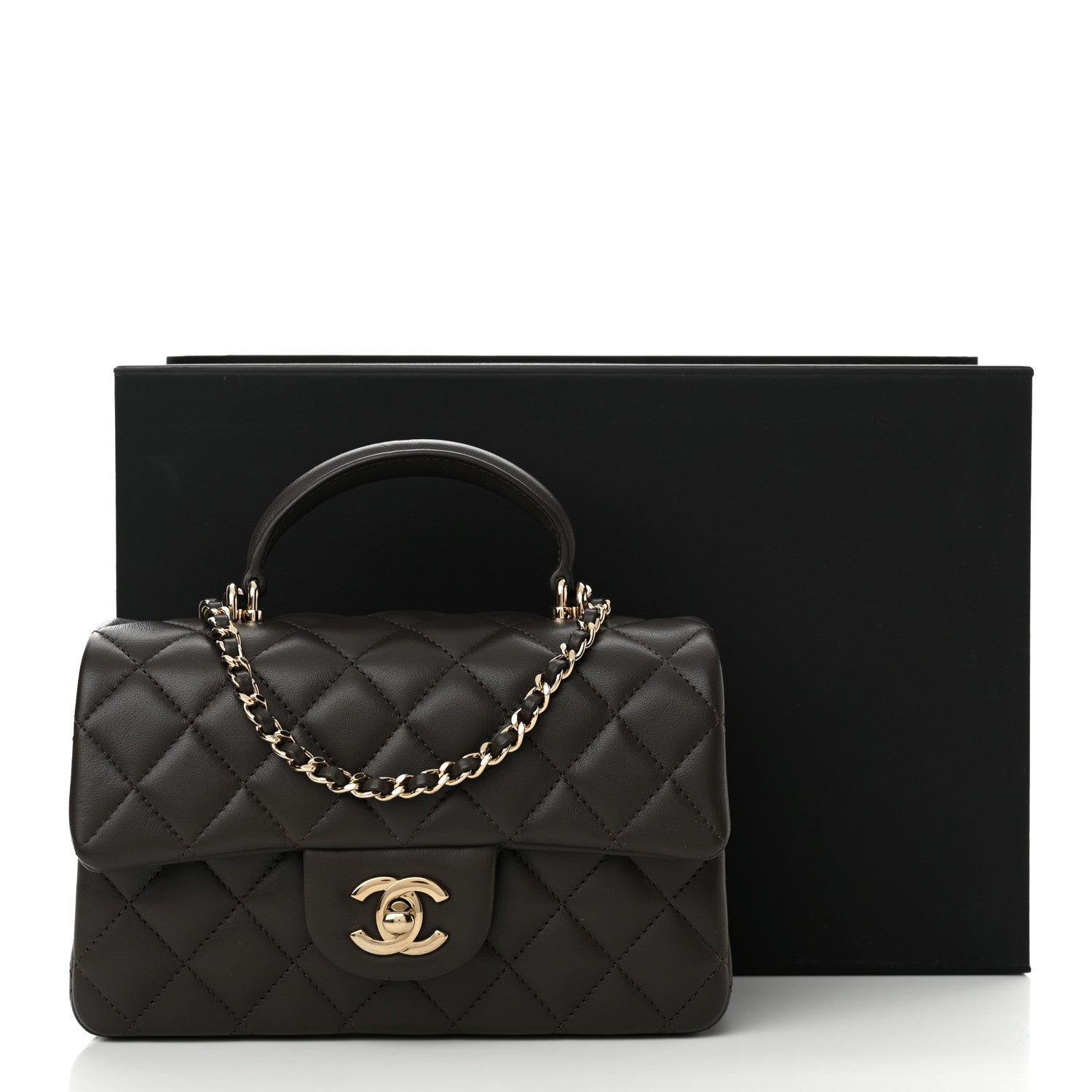 Chanel Lambskin Quilted Mini Top Handle Rectangular Flap Dark Brown 12 of 12