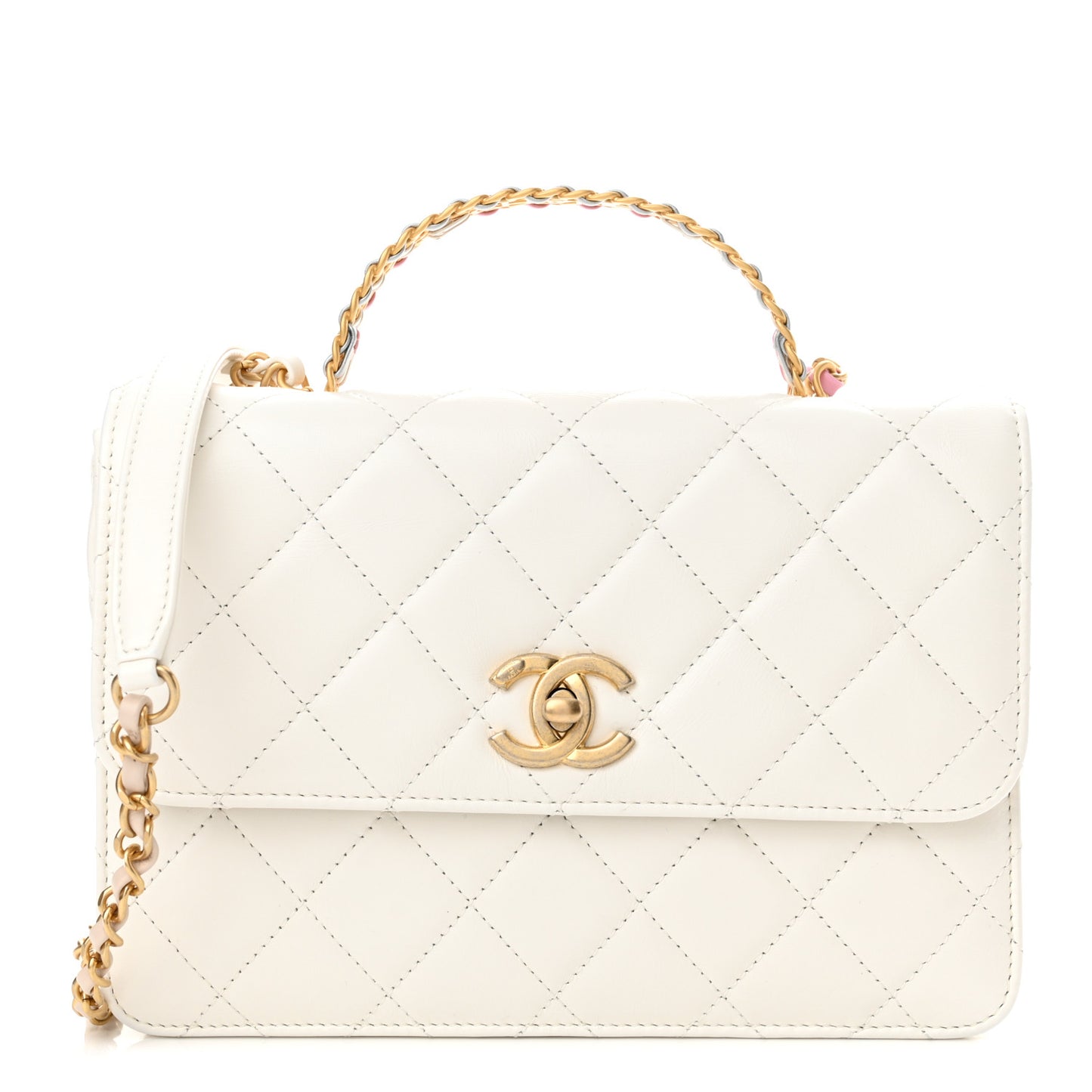Shiny Calfskin Quilted Small Chain Top Handle Flap White