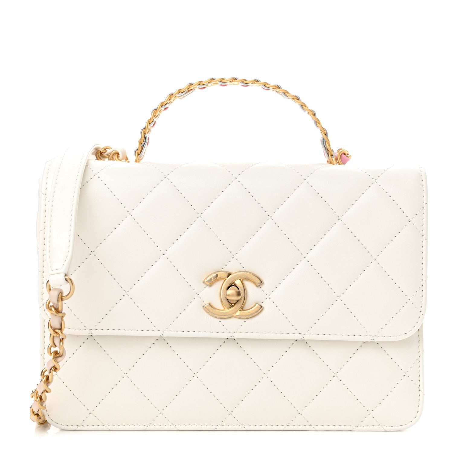 Chanel Shiny Calfskin Quilted Small Chain Top Handle Flap White 1 of 11