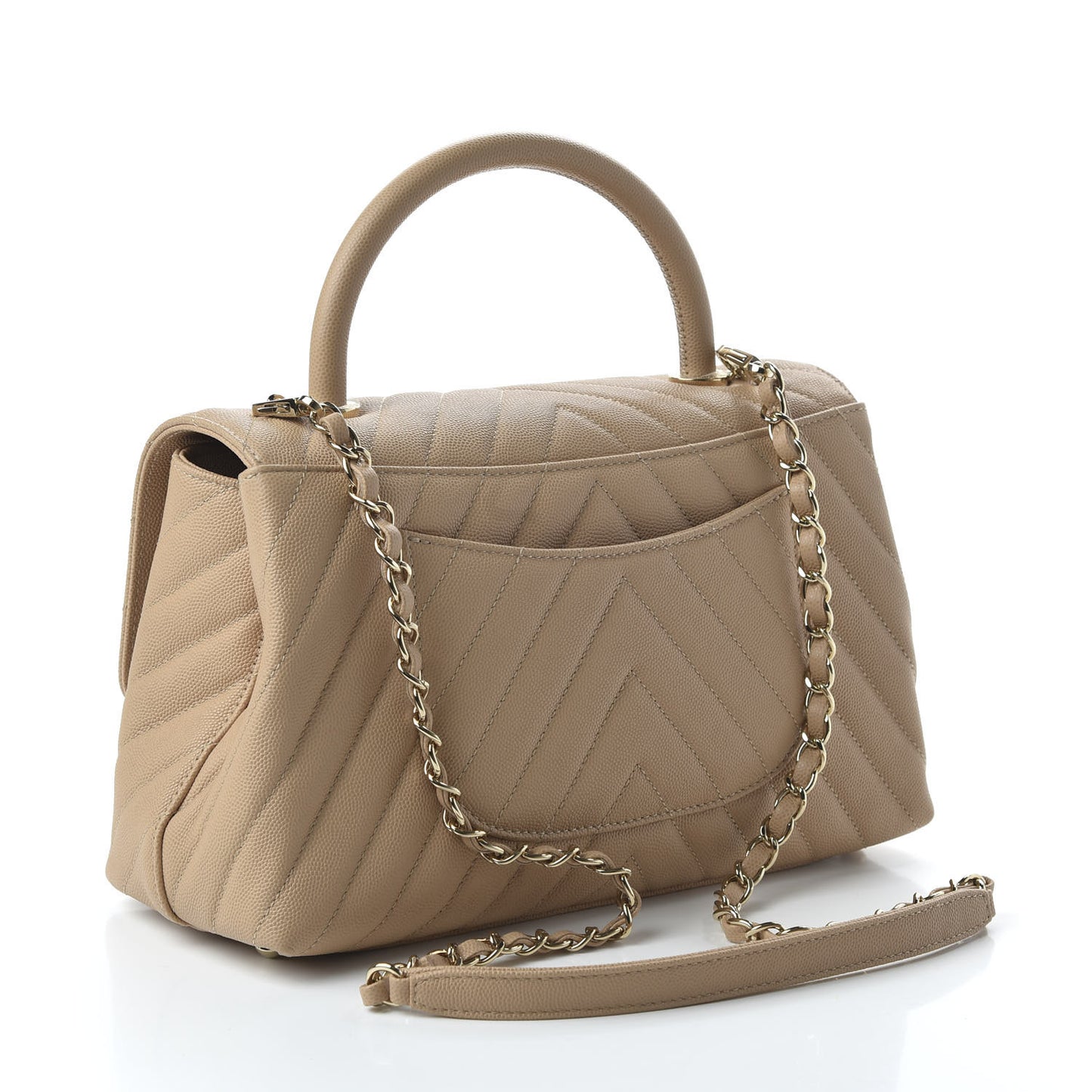 Caviar Chevron Quilted Small Coco Handle Flap Beige
