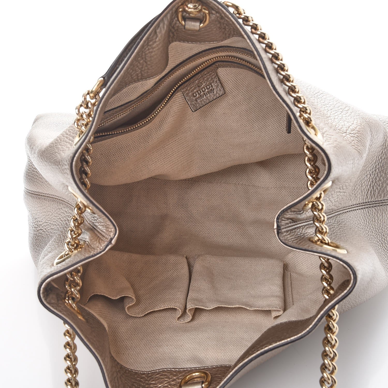 Gucci Metallic Pebbled Calfskin Medium Soho Chain Shoulder Bag Golden Beige 5 of 9