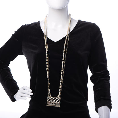 Chanel Metal Lambskin Pearl Chain Flap Bag Long Necklace Gold Black Pearly White 2 of 4
