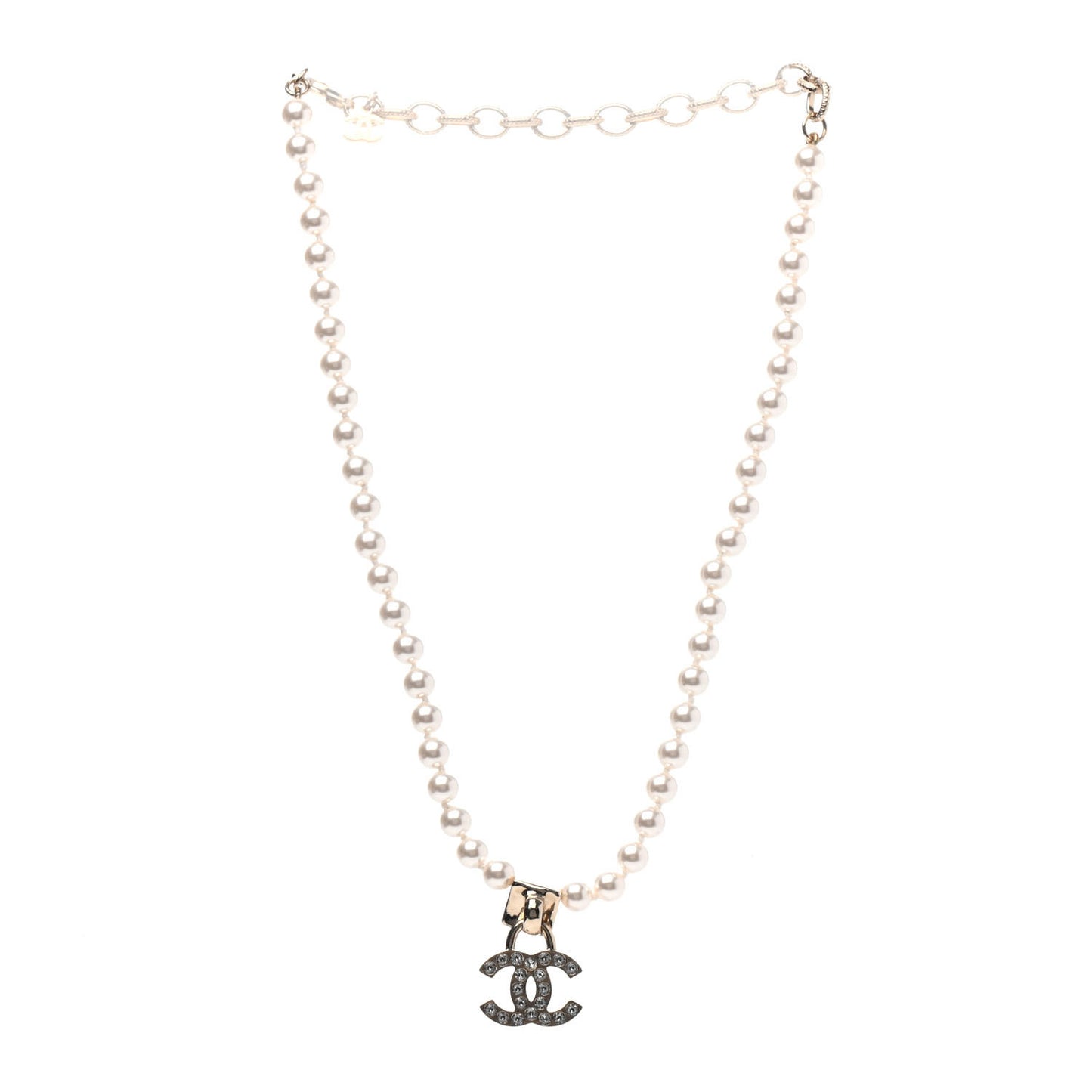 Pearl Crystal Chain CC Necklace Gold