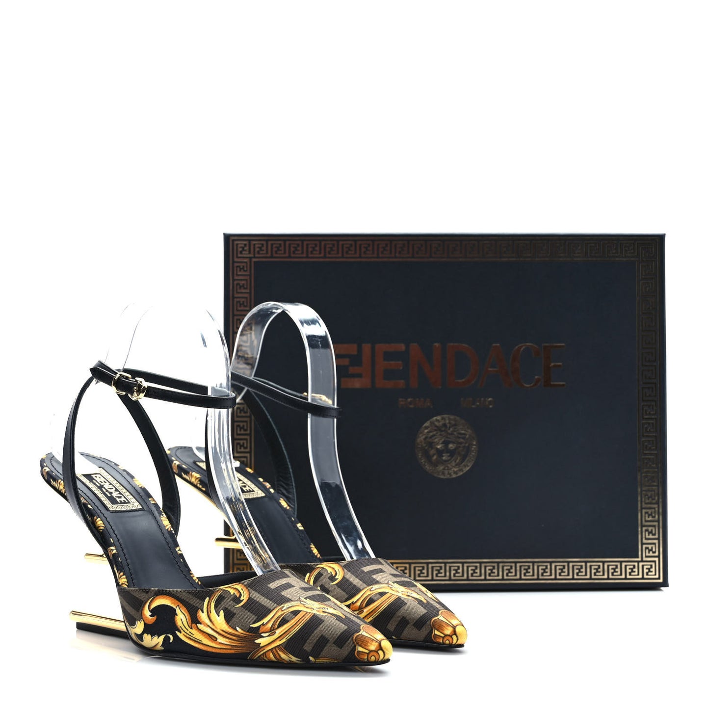 X VERSACE Silk Calfskin Fendace Fendi First 95mm Slingback Sandals 39 Tobacco Black Gold