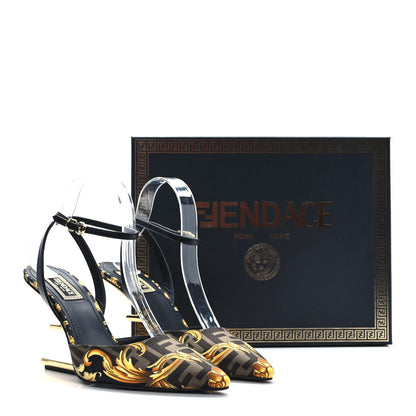 Fendi X VERSACE Silk Calfskin Fendace Fendi First 95mm Slingback Sandals 39 Tobacco Black Gold 8 of 8