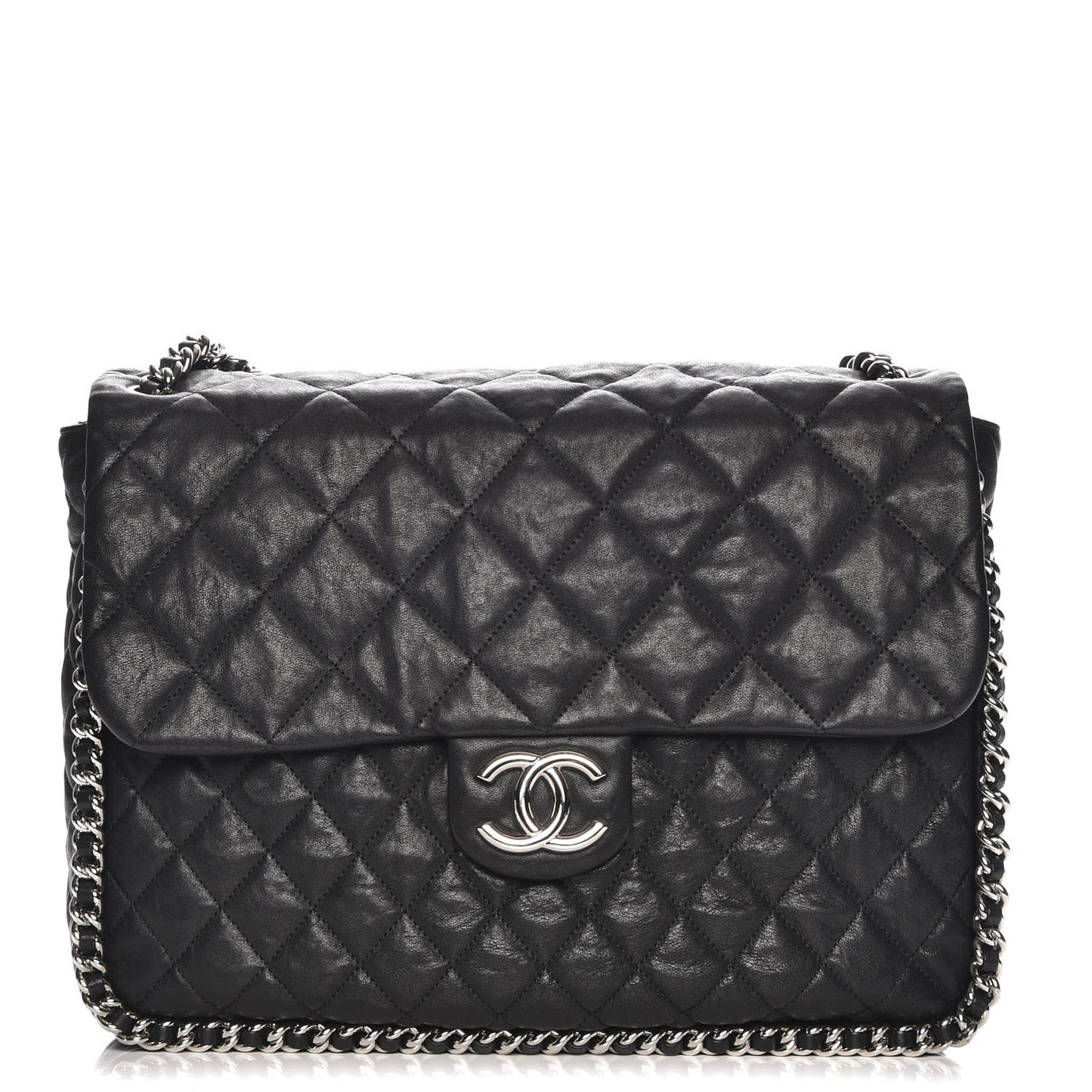 Washed Lambskin Quilted Maxi Chain Around Flap Black
