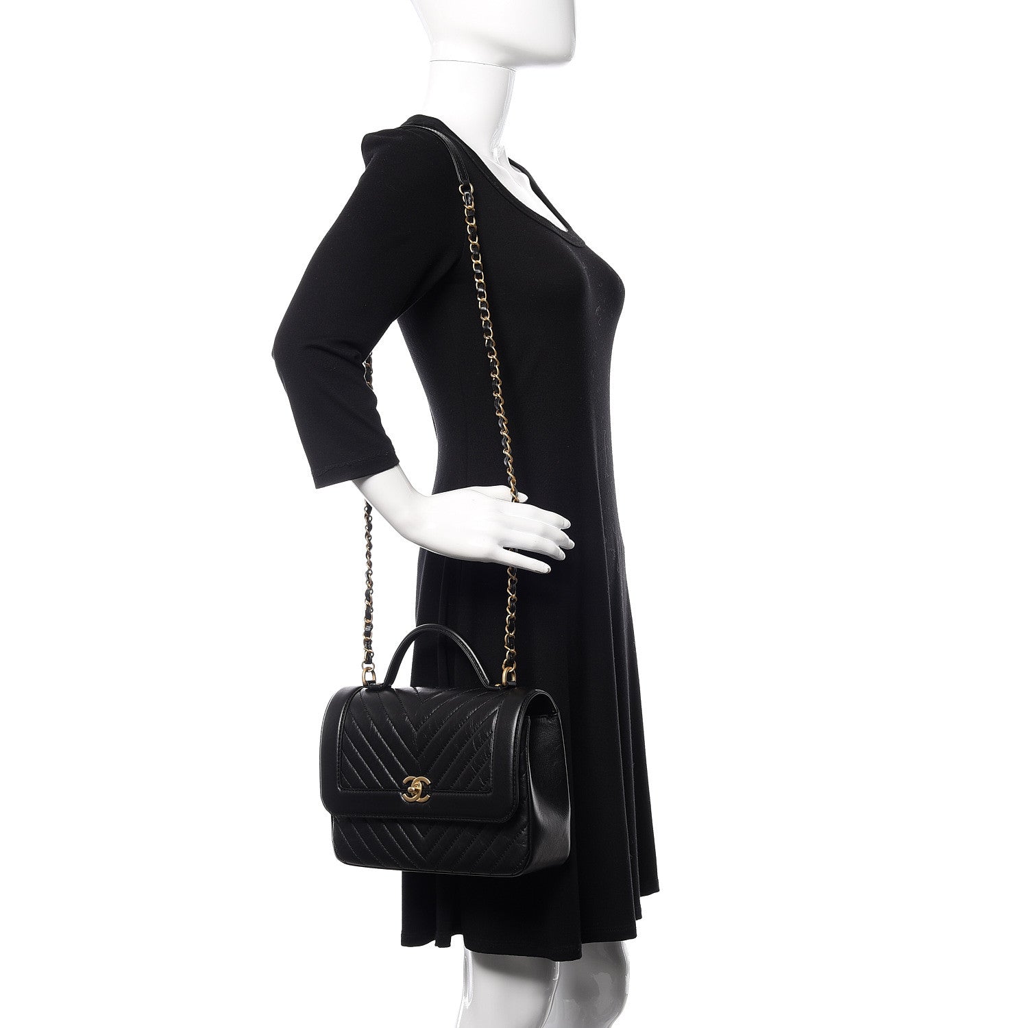 Chanel Calfskin Chevron Quilted Top Handle Flap Black 2 of 11