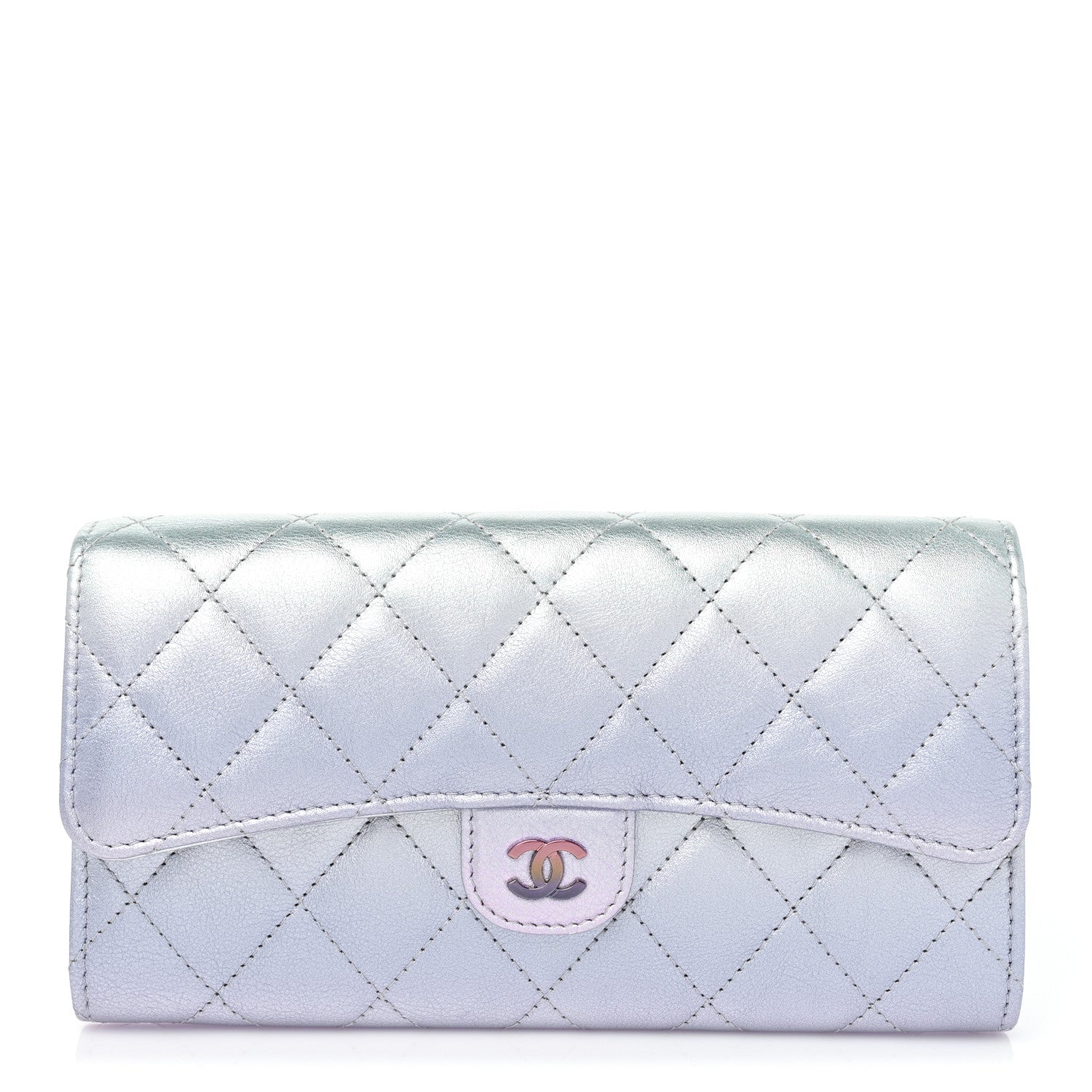 Chanel Gradient Metallic Calfskin Quilted Large Gusset Flap Wallet Silver Blue Yellow Purple 1 of 10