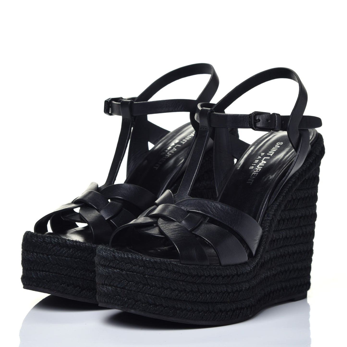Calfskin Tribute 95 Platform Espadrille Wedge Sandals 38.5 Black