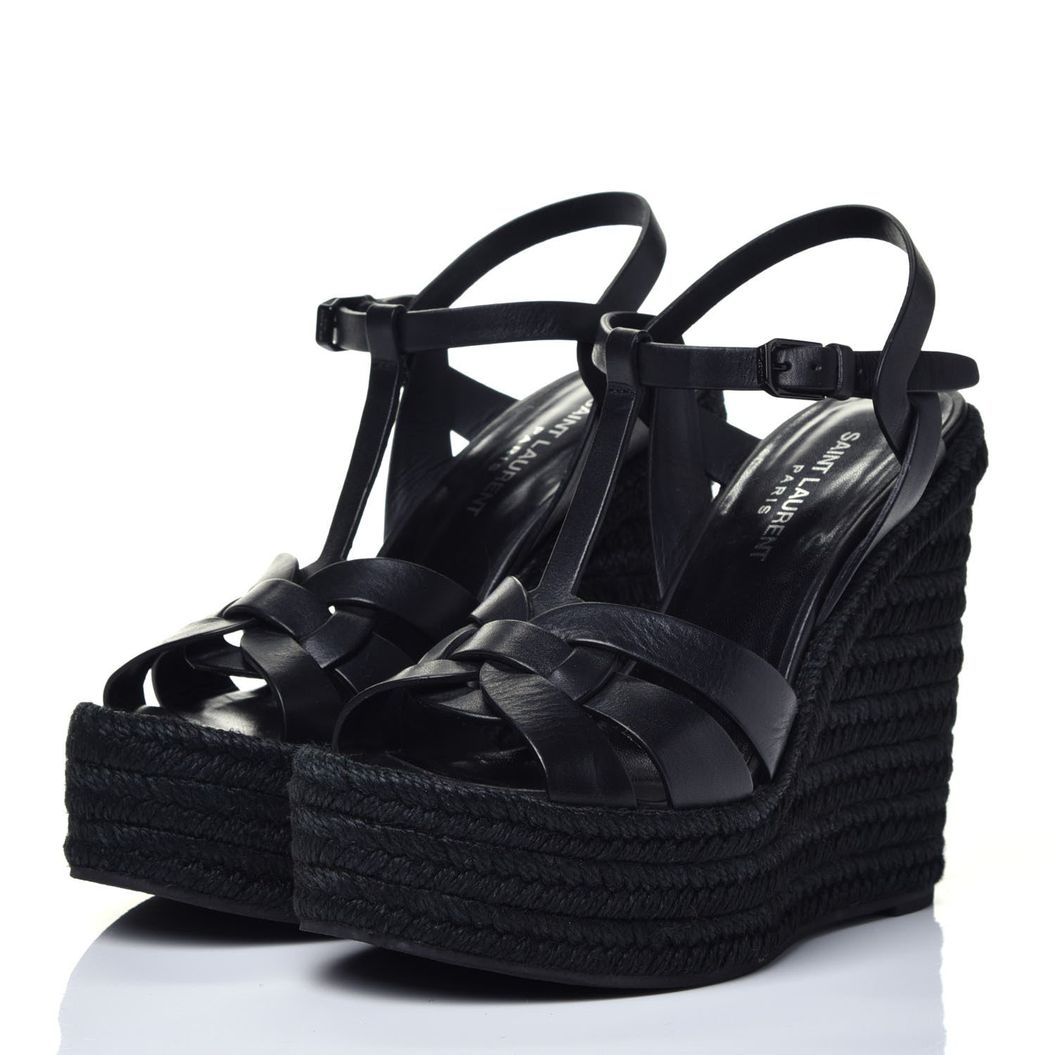 Saint Laurent Calfskin Tribute 95 Platform Espadrille Wedge Sandals 38.5 Black 3 of 7